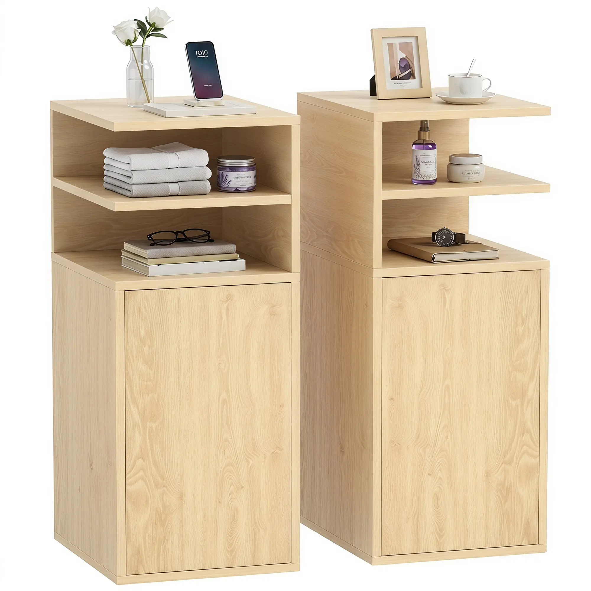 Slim Bedside Table Set of 2 with Open Cubbies & Cupboard, 30 x 25 x 60 cm, Oak