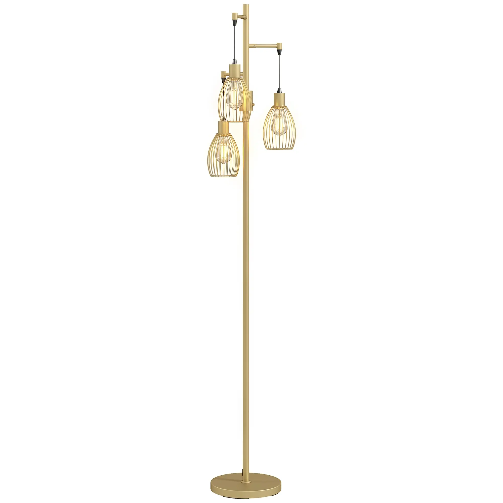 170cm Industrial Dimmable Floor Lamp with 3 Steel Wire Cage Shades, 2700K Warm Gold Tone