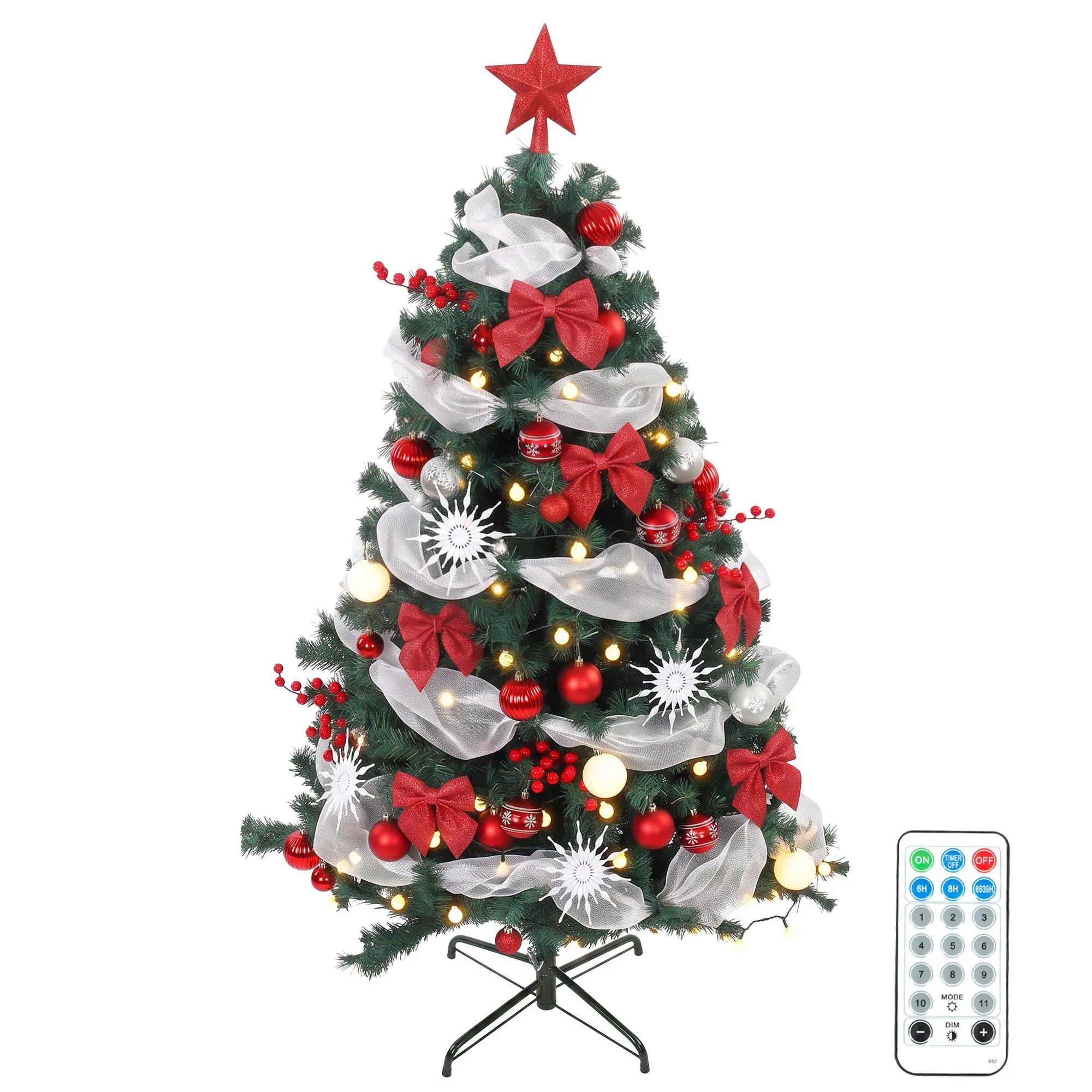 5ft Prelit Spruce Xmas Tree with Remote & Hinged Base, 150 LEDs, Green and Red