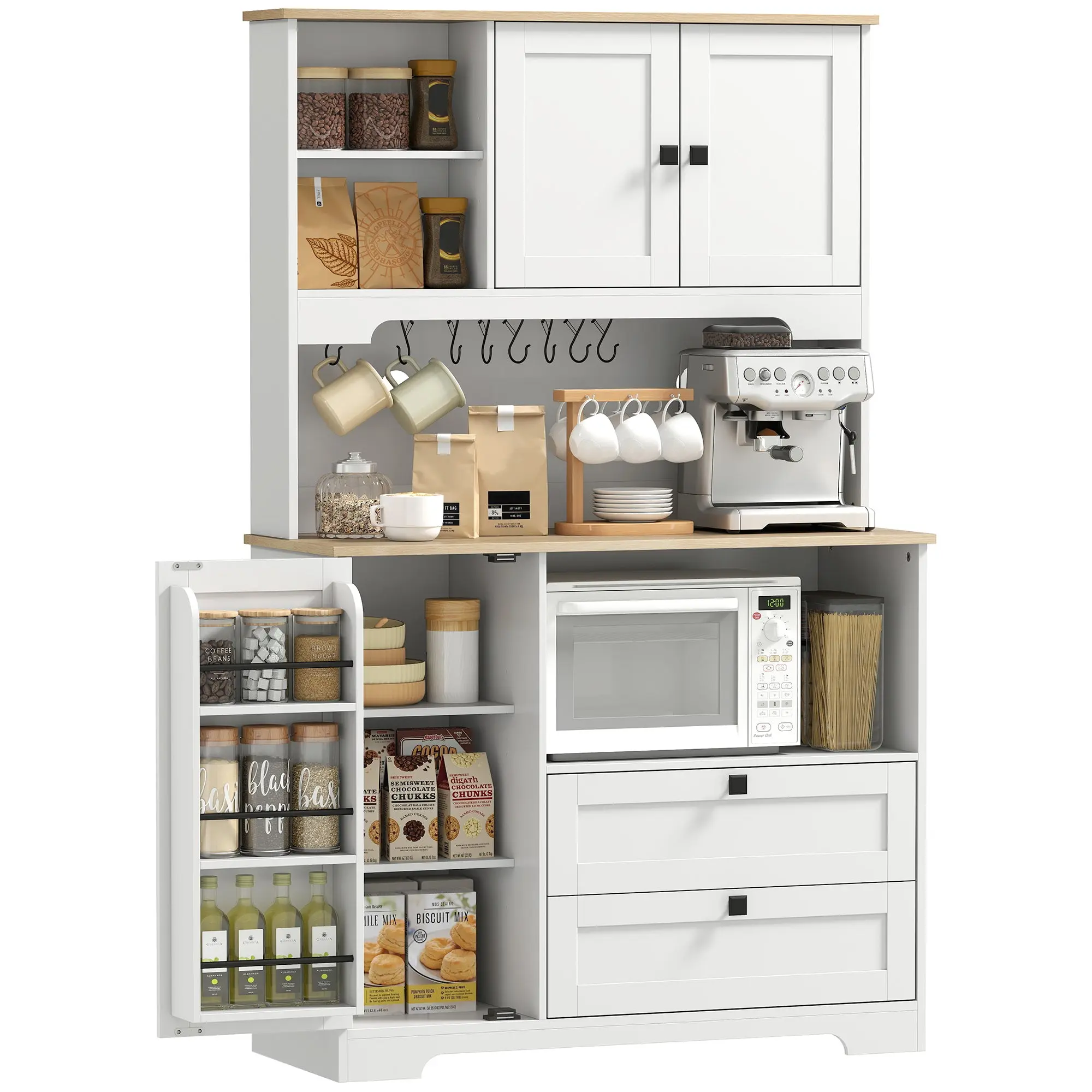 Freestanding Kitchen Cabinet with 2 Doors, 2 Drawers & Adjustable Shelves White