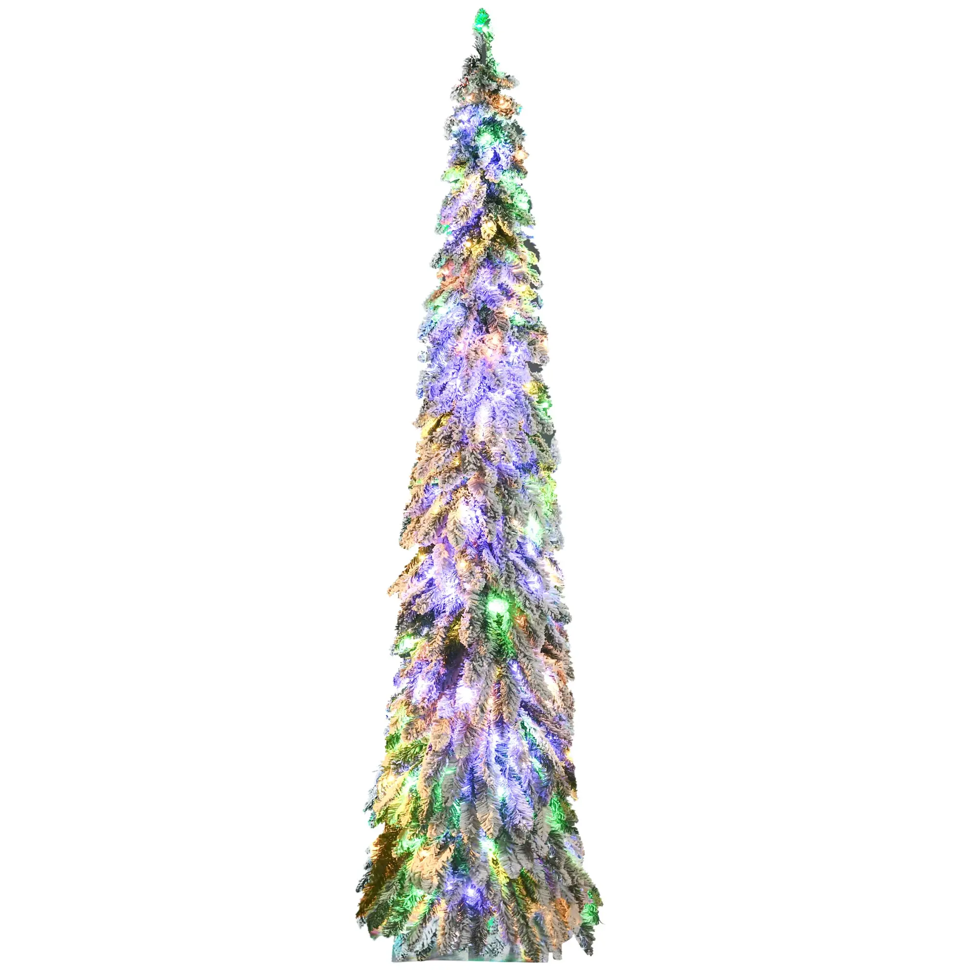 7' Slim Frosted Christmas Trees, w/ Warm White or Colorful LED Lights, Downswept Shape