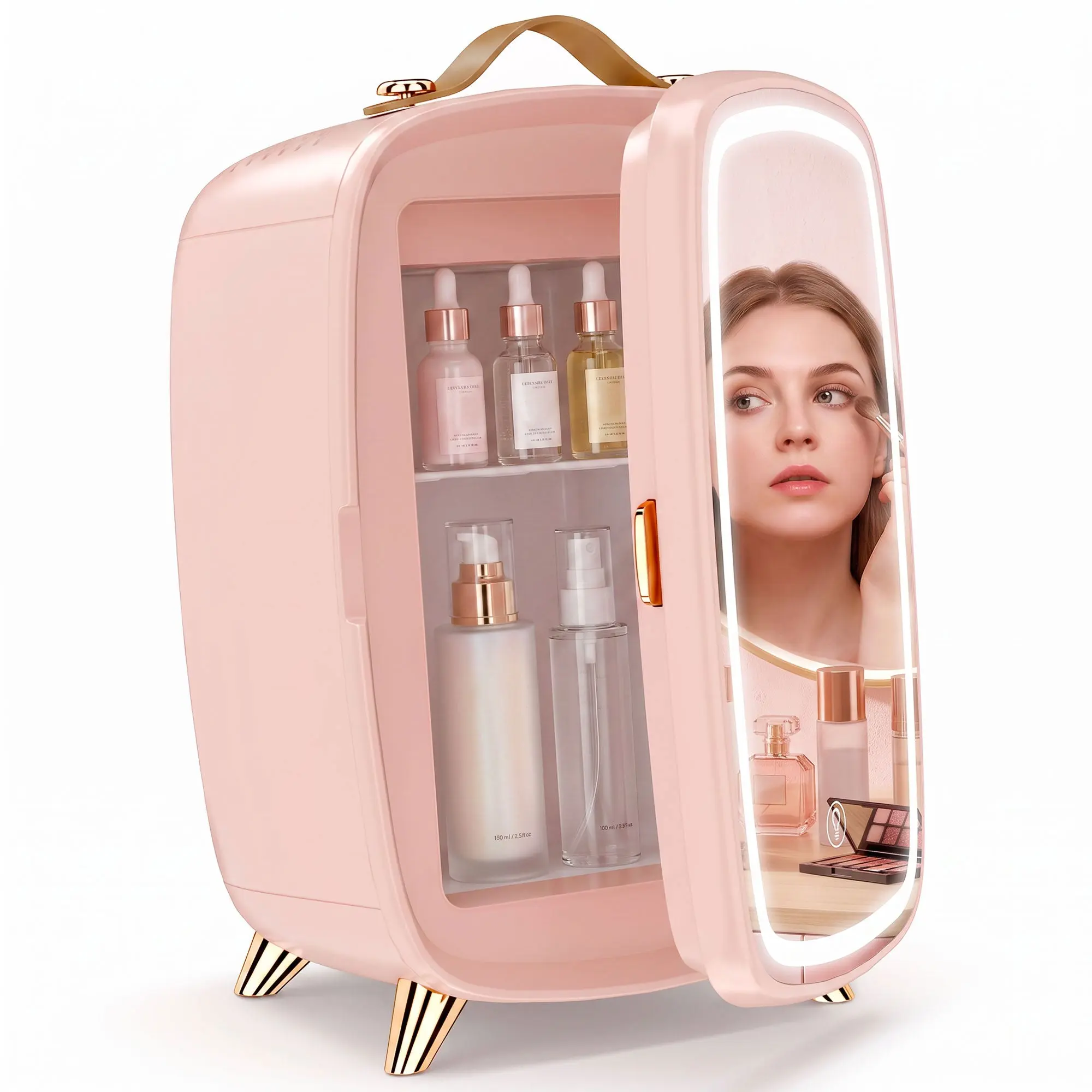 6L Mini Cosmetic Fridge with LED Mirror for Skincare, Cooling Function, Pink