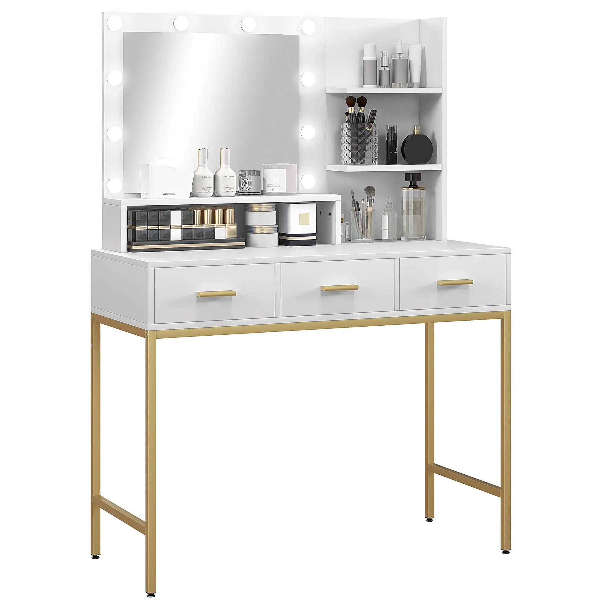 Illuminated Dressing Table, LED Vanity Table with Mirror, 3 Drawers & Storage Shelves, White