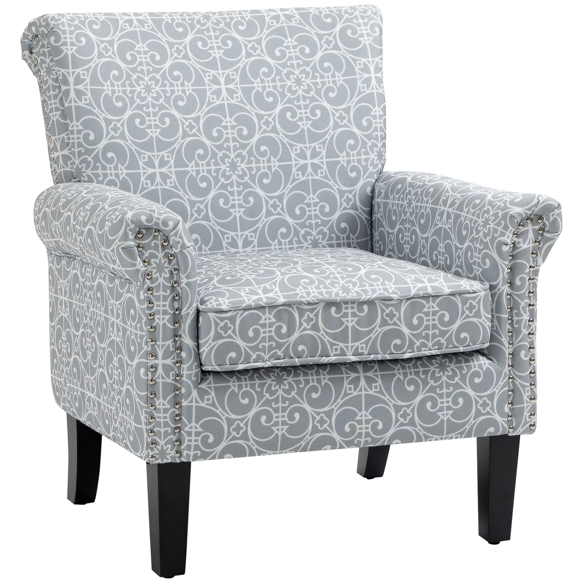 Linen Wingback Chair with Rolled Arms & Nailhead Trim, Grey
