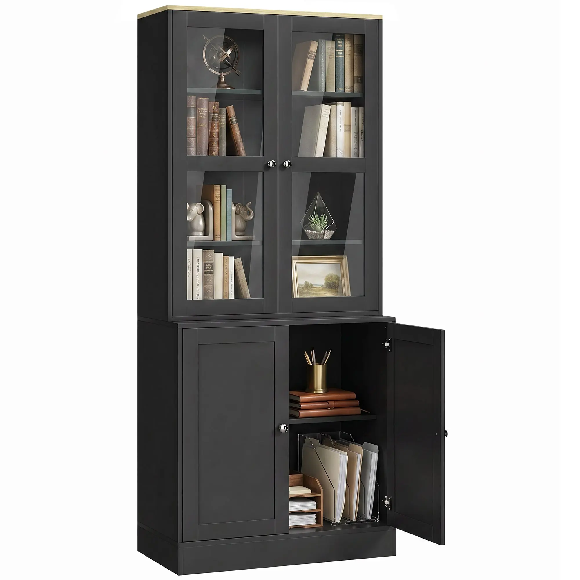 Modern Glass-Door Bookcase with Adjustable Shelves and Open Counter, Black