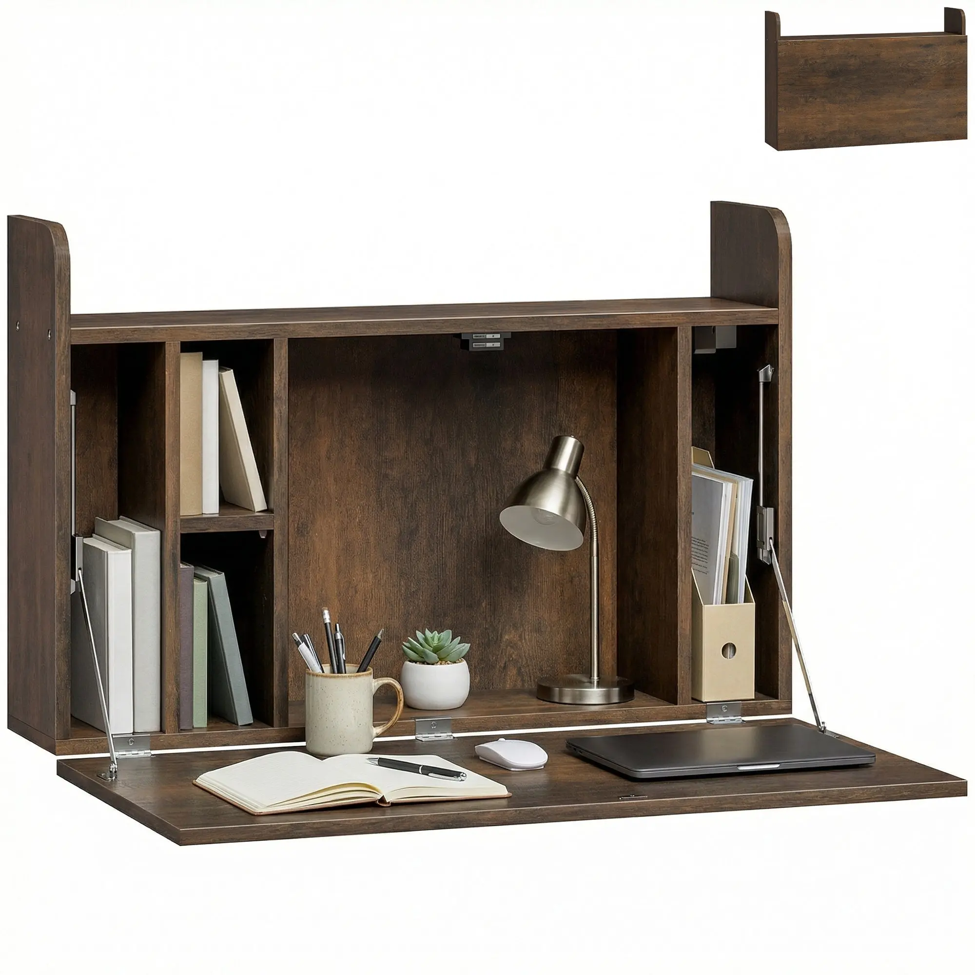 Wall Mounted Desk, Drop Leaf Floating Laptop Desk with Space Saving Storage Compartments, Dark Brown