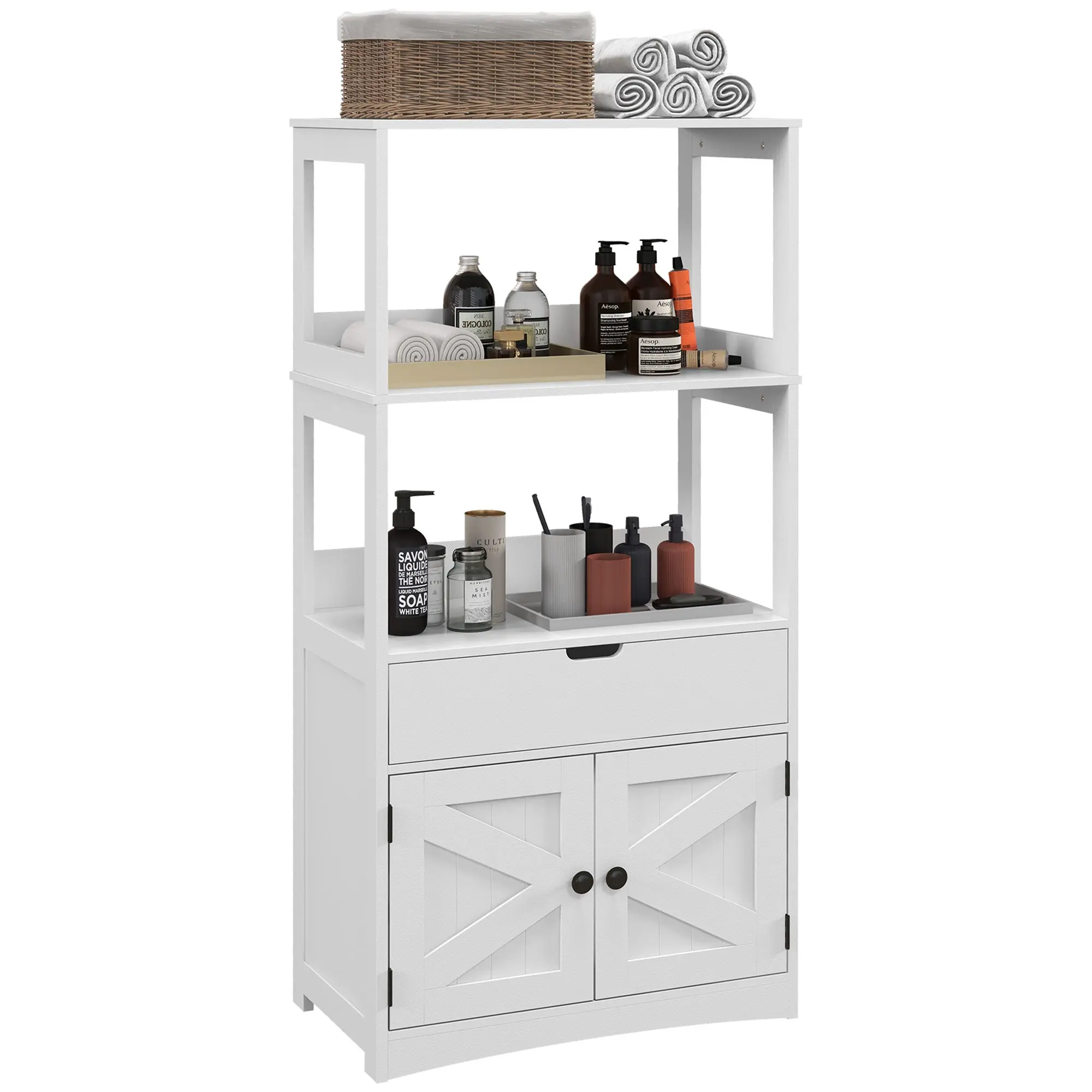 Modern Bathroom Storage Cabinet with Barn Doors, Drawer and 2 Open Shelves, White