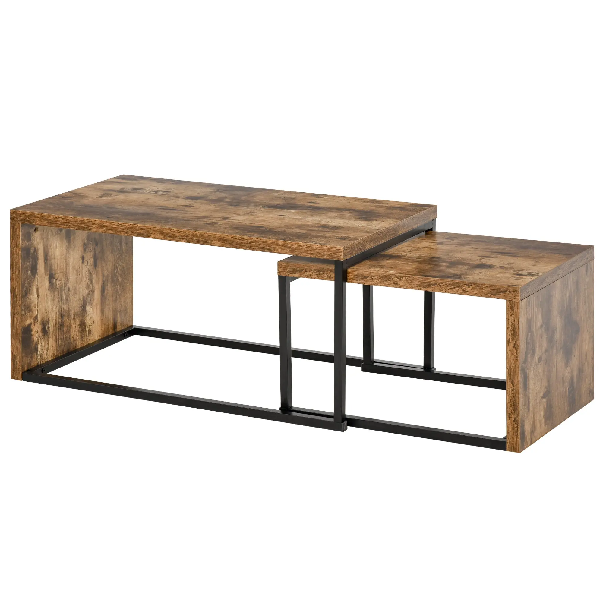 Coffee Tables Set of 2, Industrial Nest of Tables with Metal Frame, Rustic Brown