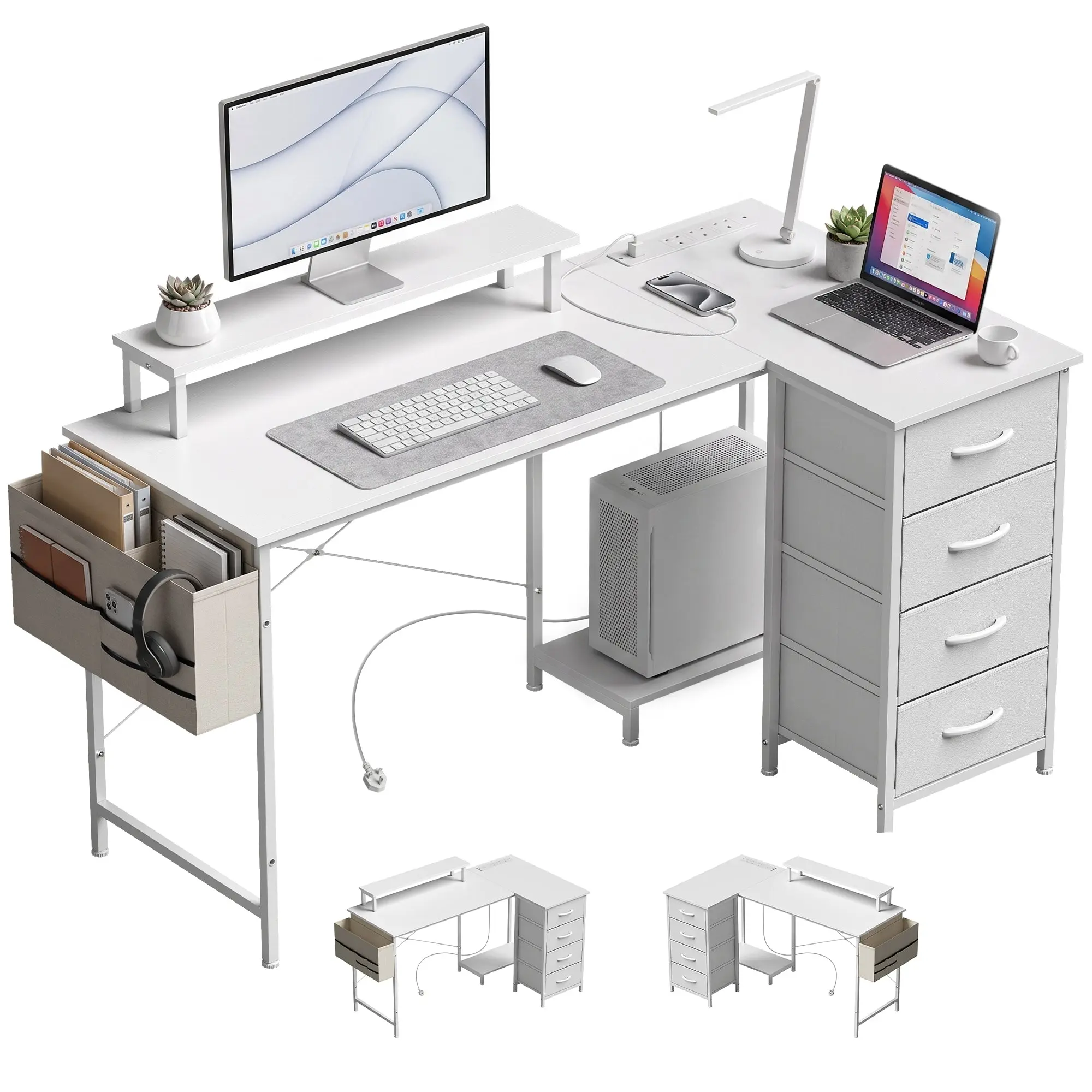 L-Shaped Reversible Corner Desk 150 x 80 cm White with Drawers, Outlets & USB