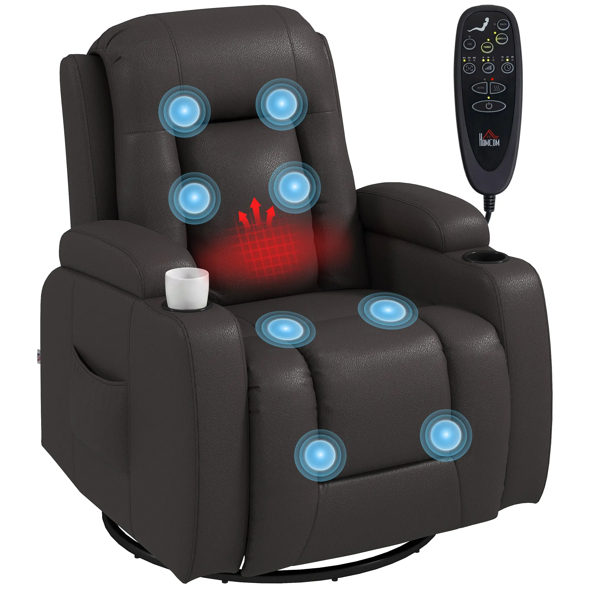 PU Leather Recliner with Massage & Heat and Extended Footrest, Dark Brown