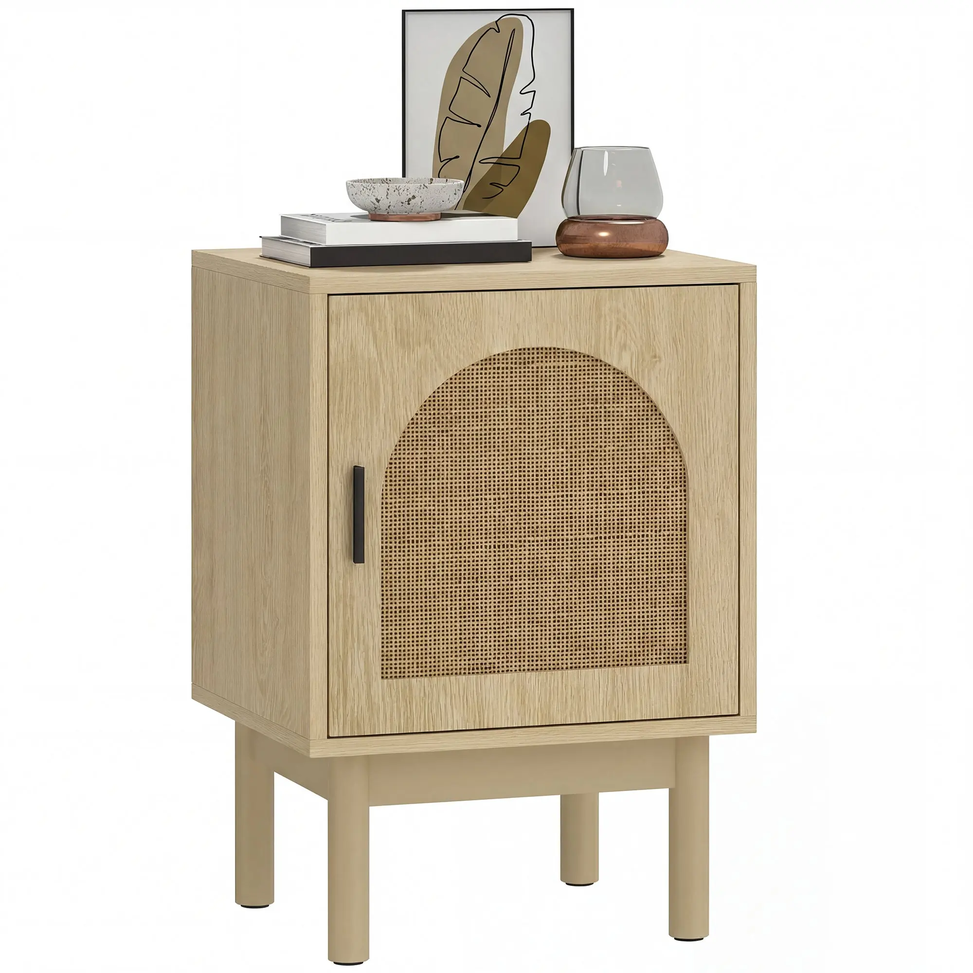 Rattan Bedside Table with Adjustable Shelf and Solid Wood Legs, Natural