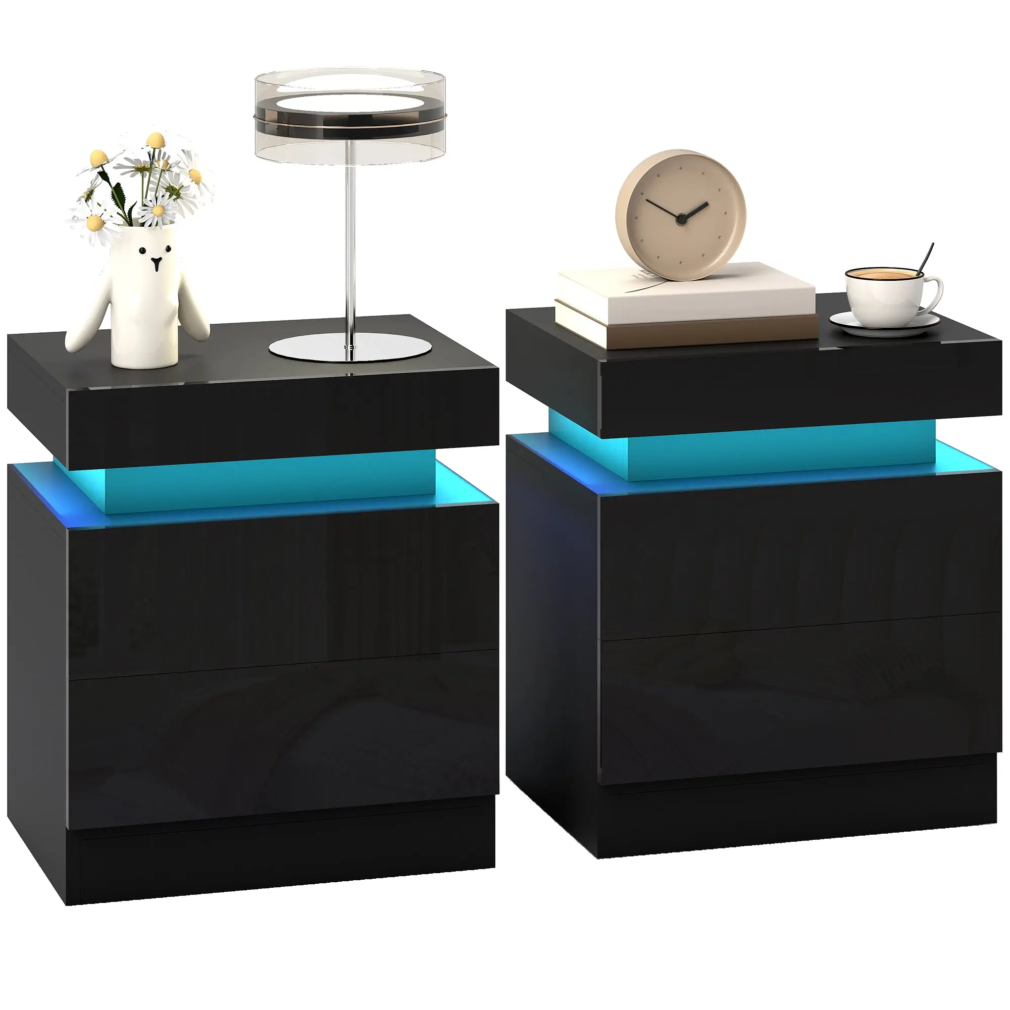 Set of 2 High Gloss Nightstands with App Control, RGB LED & 2 Drawers, Black