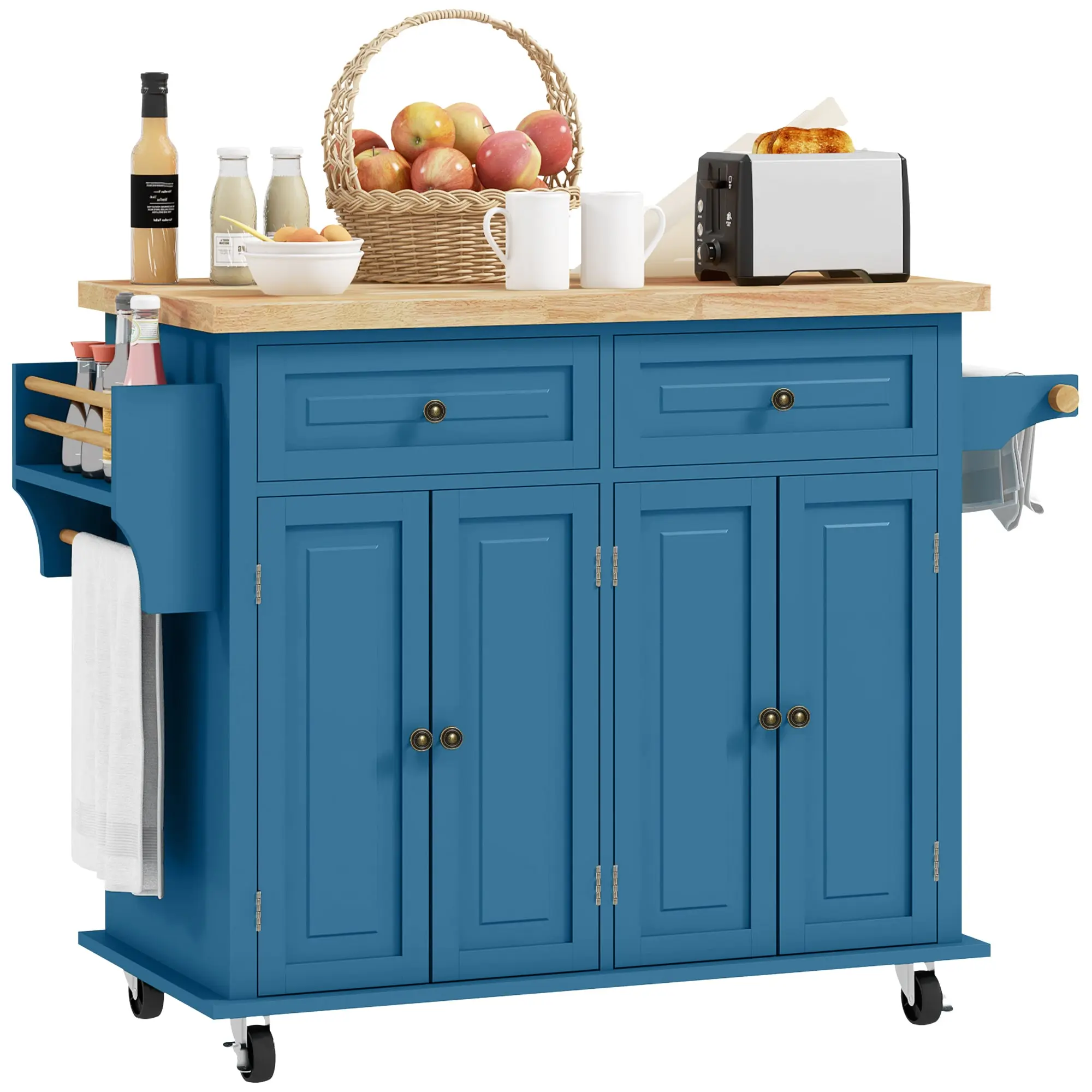 GlideSpace 44"W Butcher Block Cart, Movable Kitchen Island with Cabinets, Turquoise