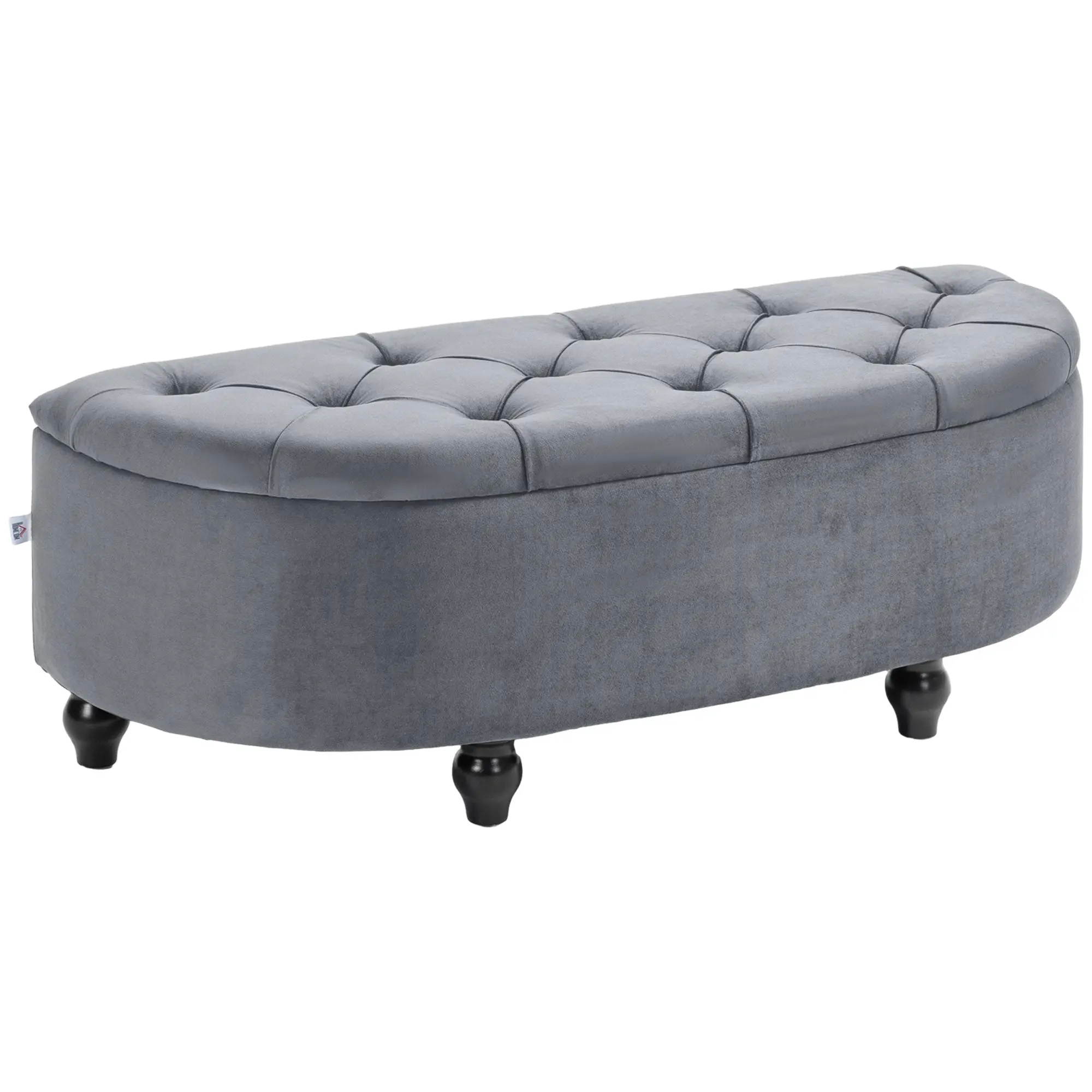 Semi-Circle Ottoman Storage Bench, Bed End Bench w/ Tufted Seat & Rubberwood Legs, Dark Grey