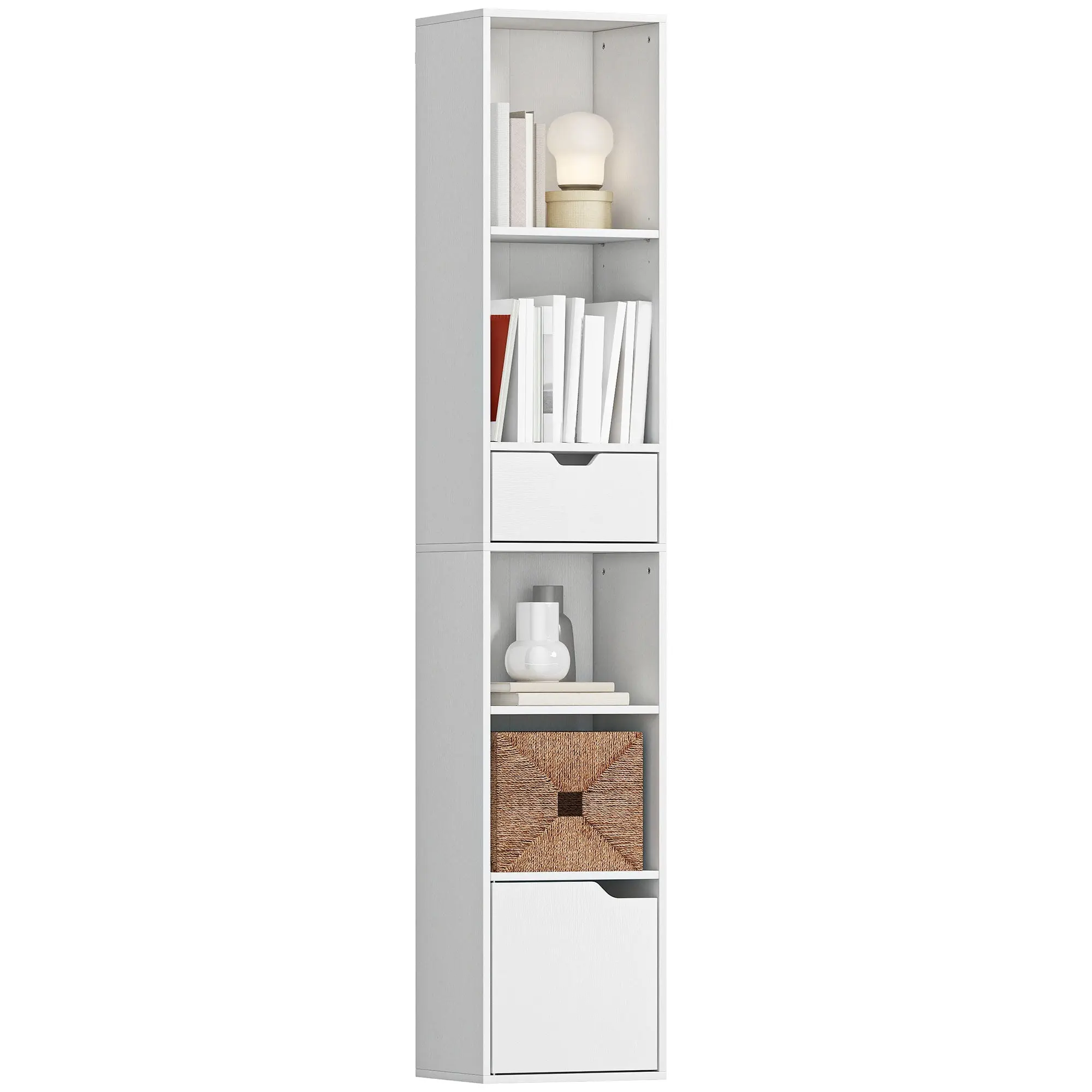 6-Tier Slim Bookcase with Drawer & Door, Adjustable Shelf 30x24x158 cm White