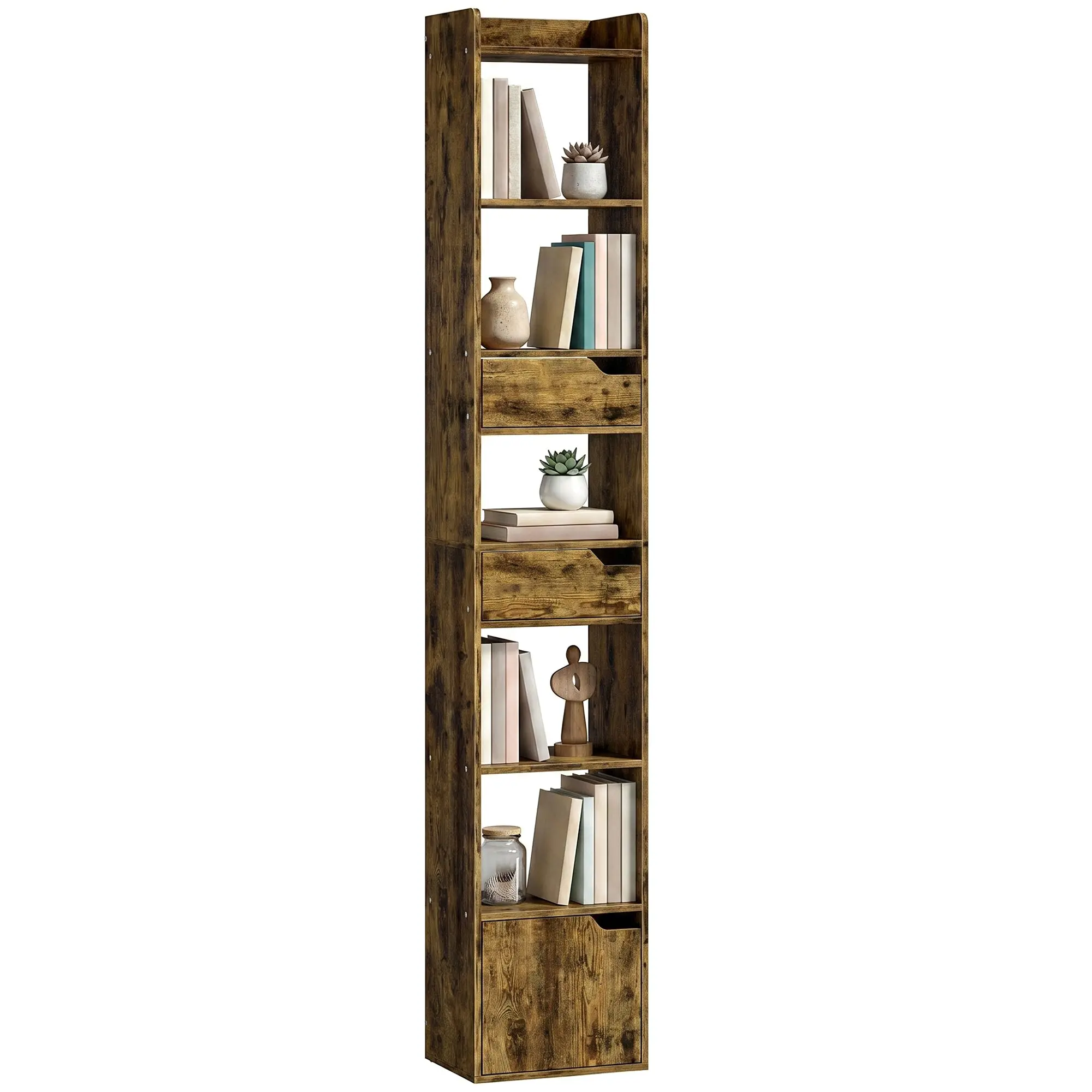 5-Tier Narrow Bookshelf with Drawers and Cabinet, Anti-Tip Rustic Brown