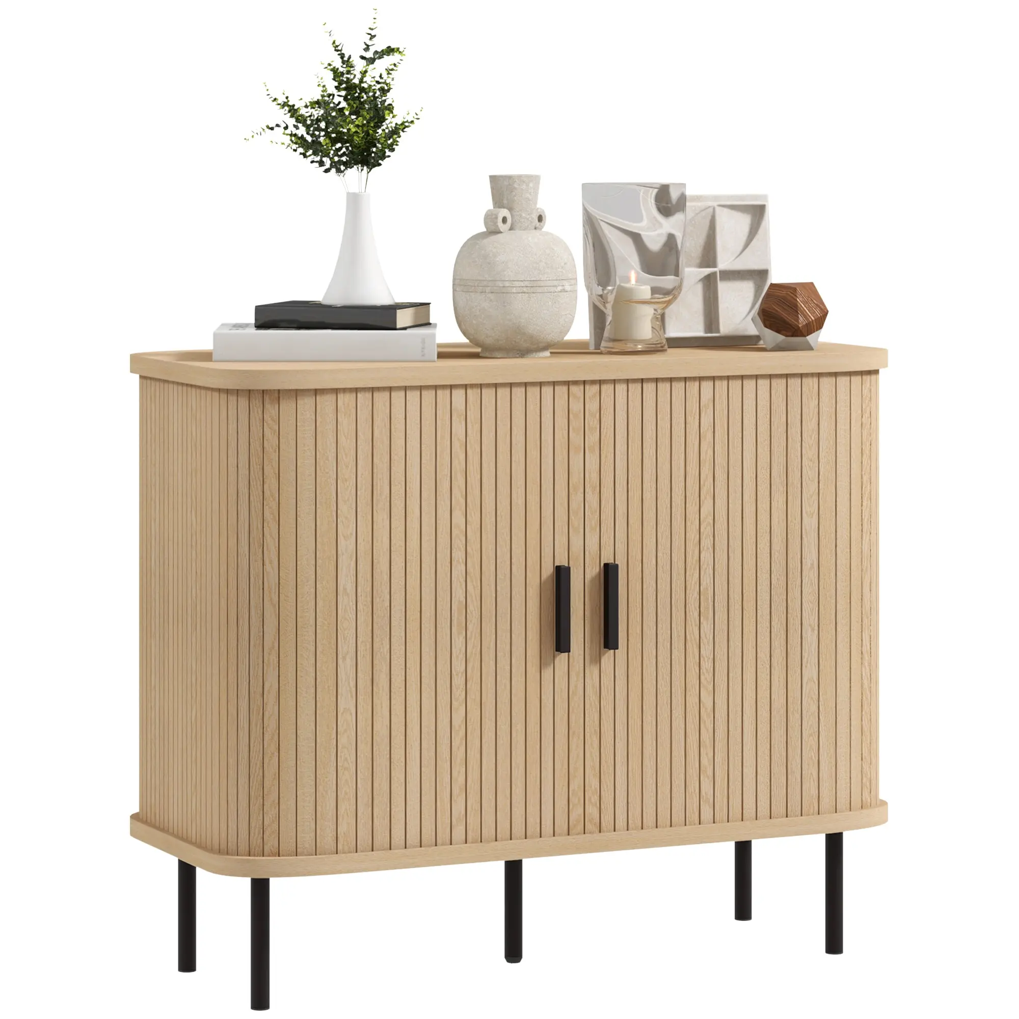 Mid-Century Sideboard with Tambour Sliding Doors, Steel Legs, Oak Tone