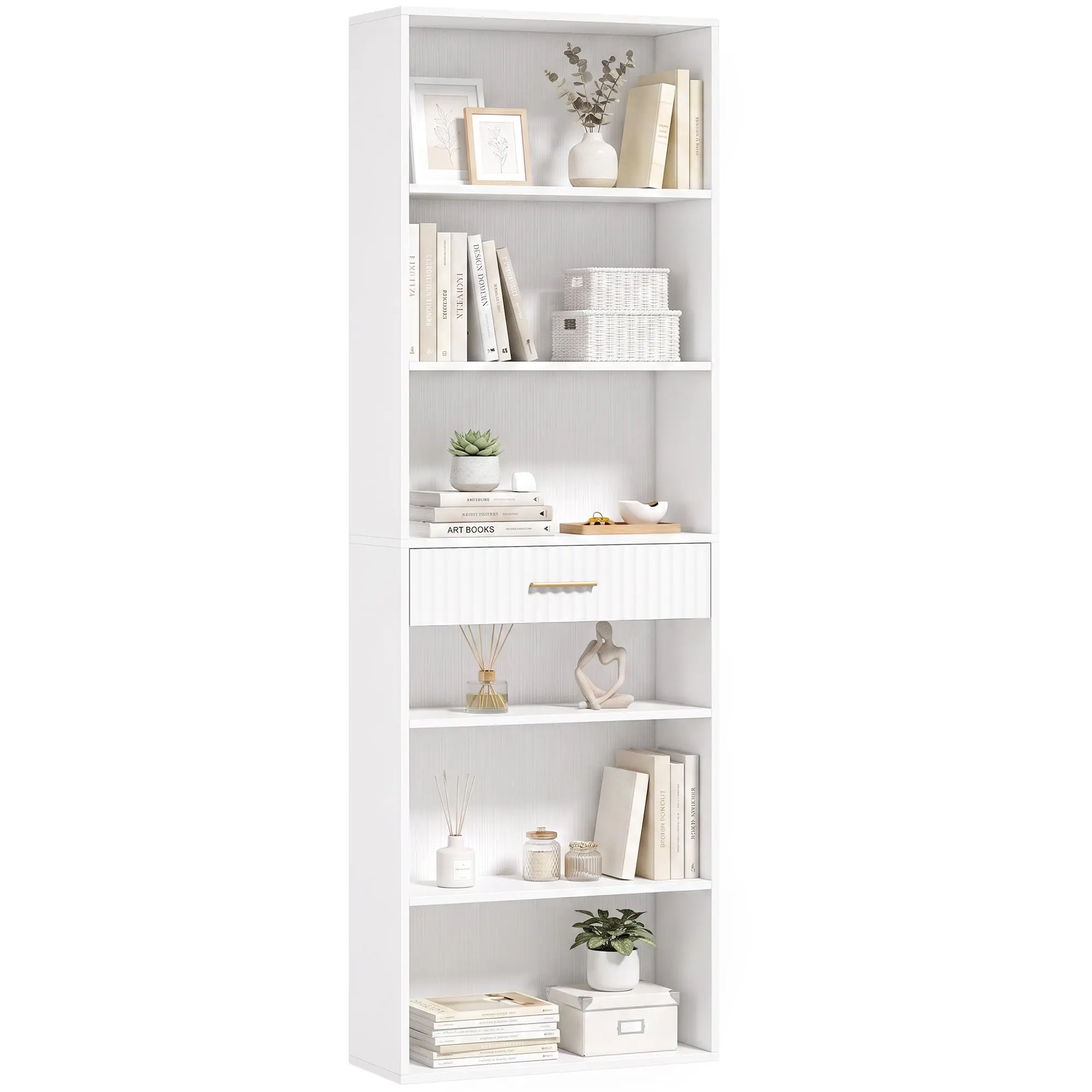Tall 7-Tier Bookcase with Cubes & Drawer, Space-Saving 60 x 24 x 182 cm White
