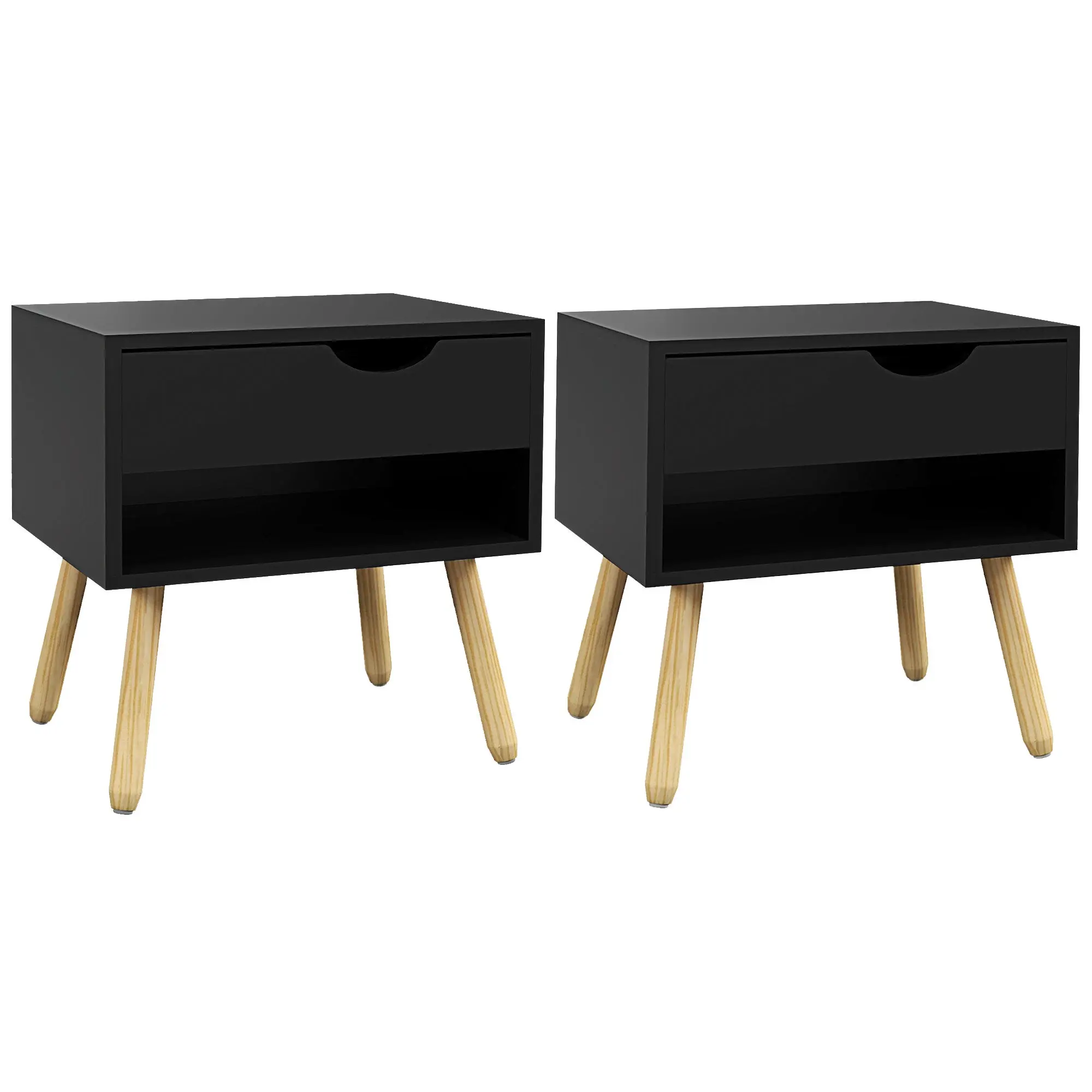 Set of 2 Bedside Table with Drawer and Shelf, Modern Nightstand, End Table for Bedroom, Black