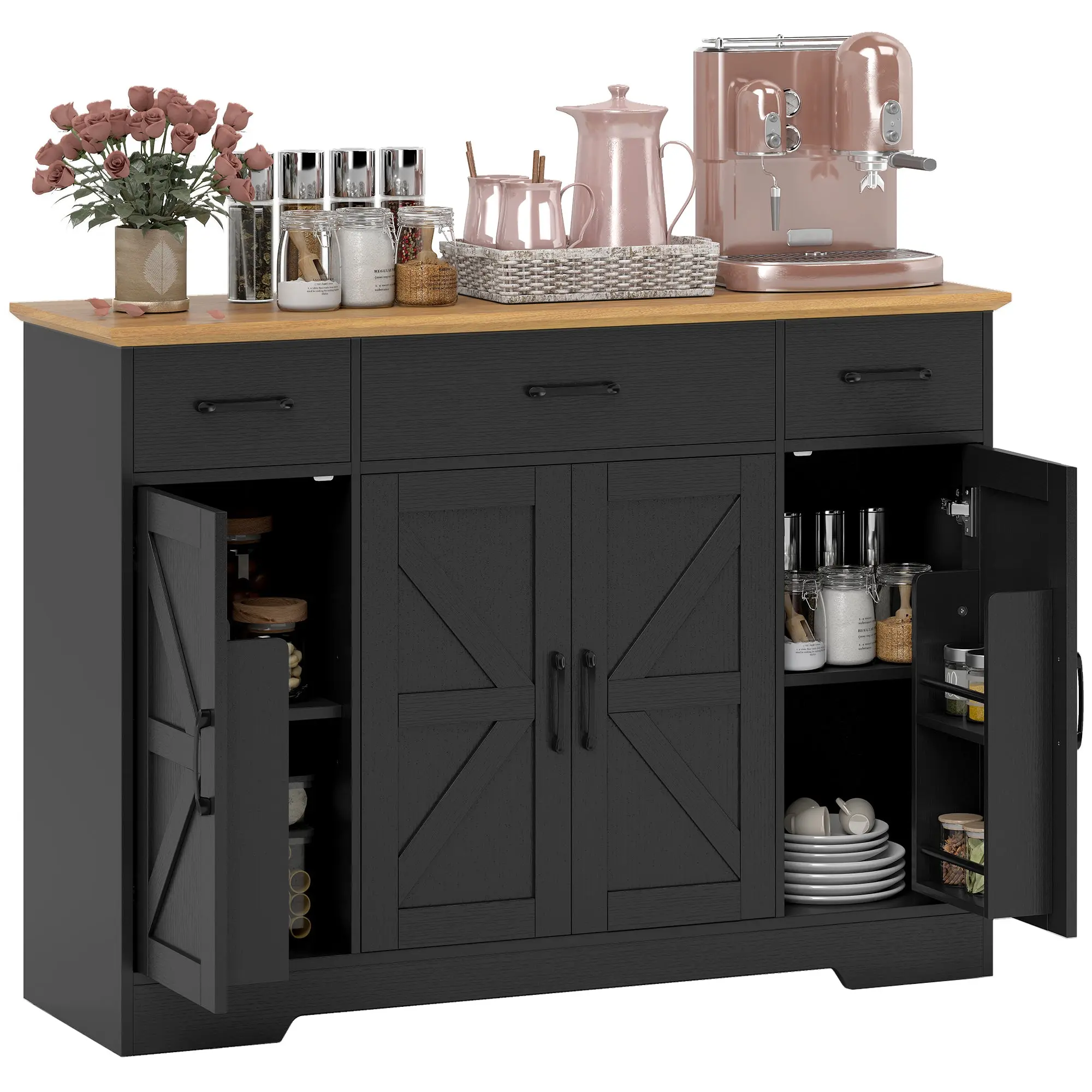 47" Farmhouse Sideboard with Soft-Close Hinges, 3 Drawers & Spice Racks, Black