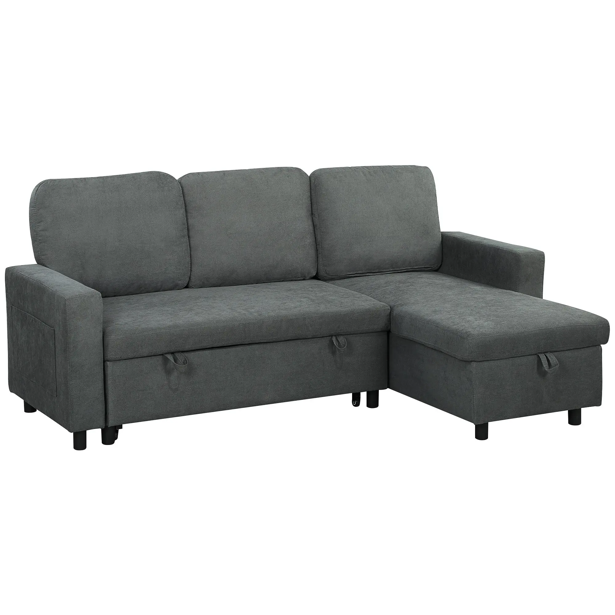 L-Shaped Sofa Bed with Storage & Reversible Chaise, 3-Seater Charcoal Grey