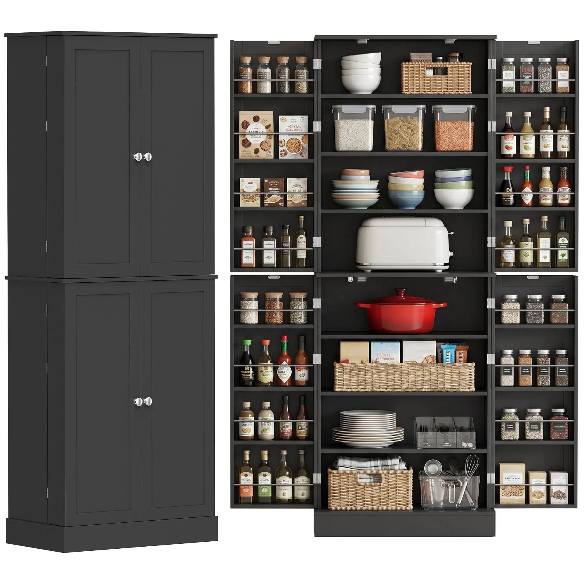 65" Kitchen Pantry Cabinet with 4 Doors and 16 Shelves, Freestanding Black