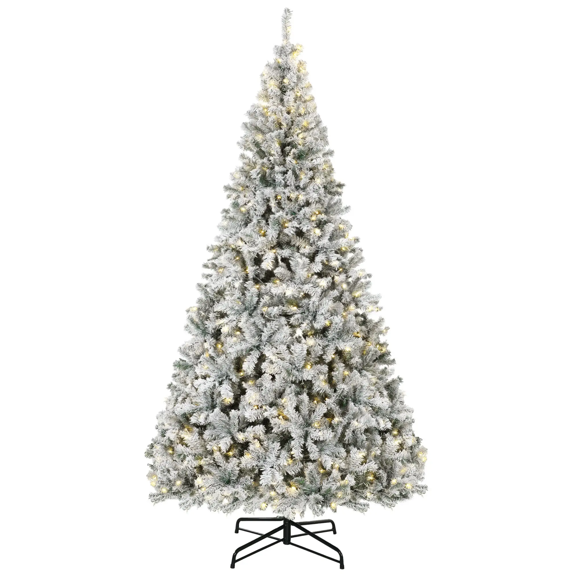9ft Flocked Prelit Christmas Tree with 600 LEDs, Hinged Metal Base, Green White