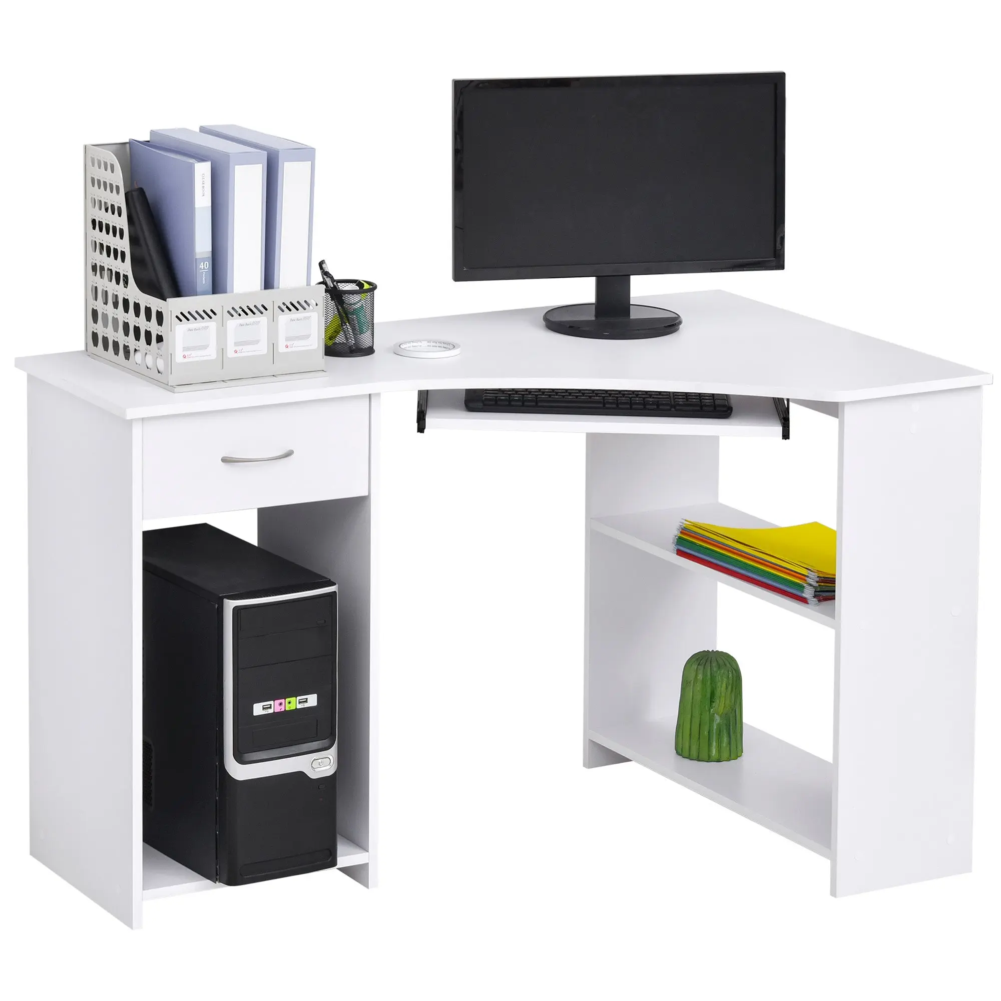L-Shaped Corner Computer Desk w/ 2 Shelves, Wide Worktop, Keyboard Tray & CPU Stand, White