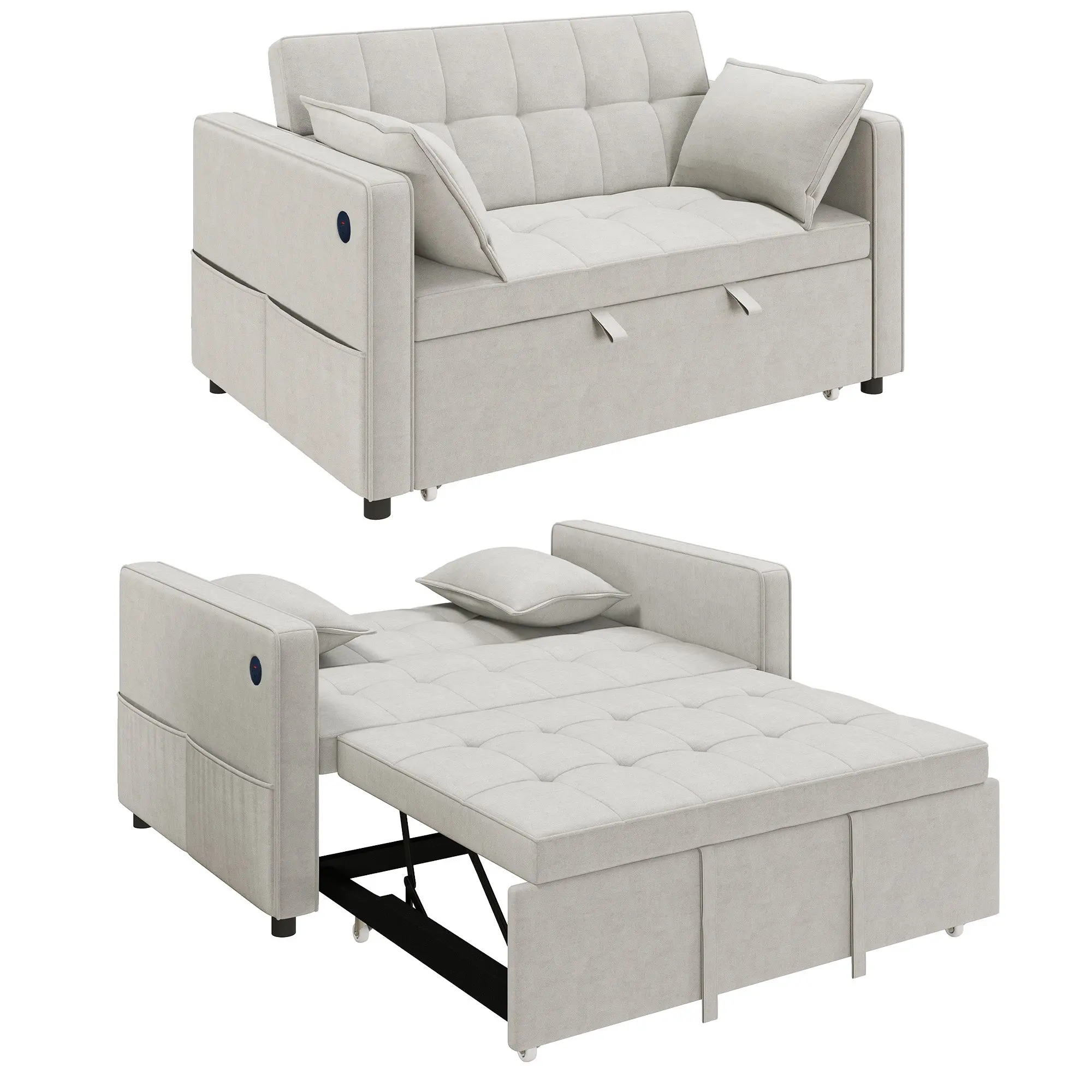 3-in-1 Convertible Sofa Bed, Pull Out Sleeper Sofa with USB Charging, Beige