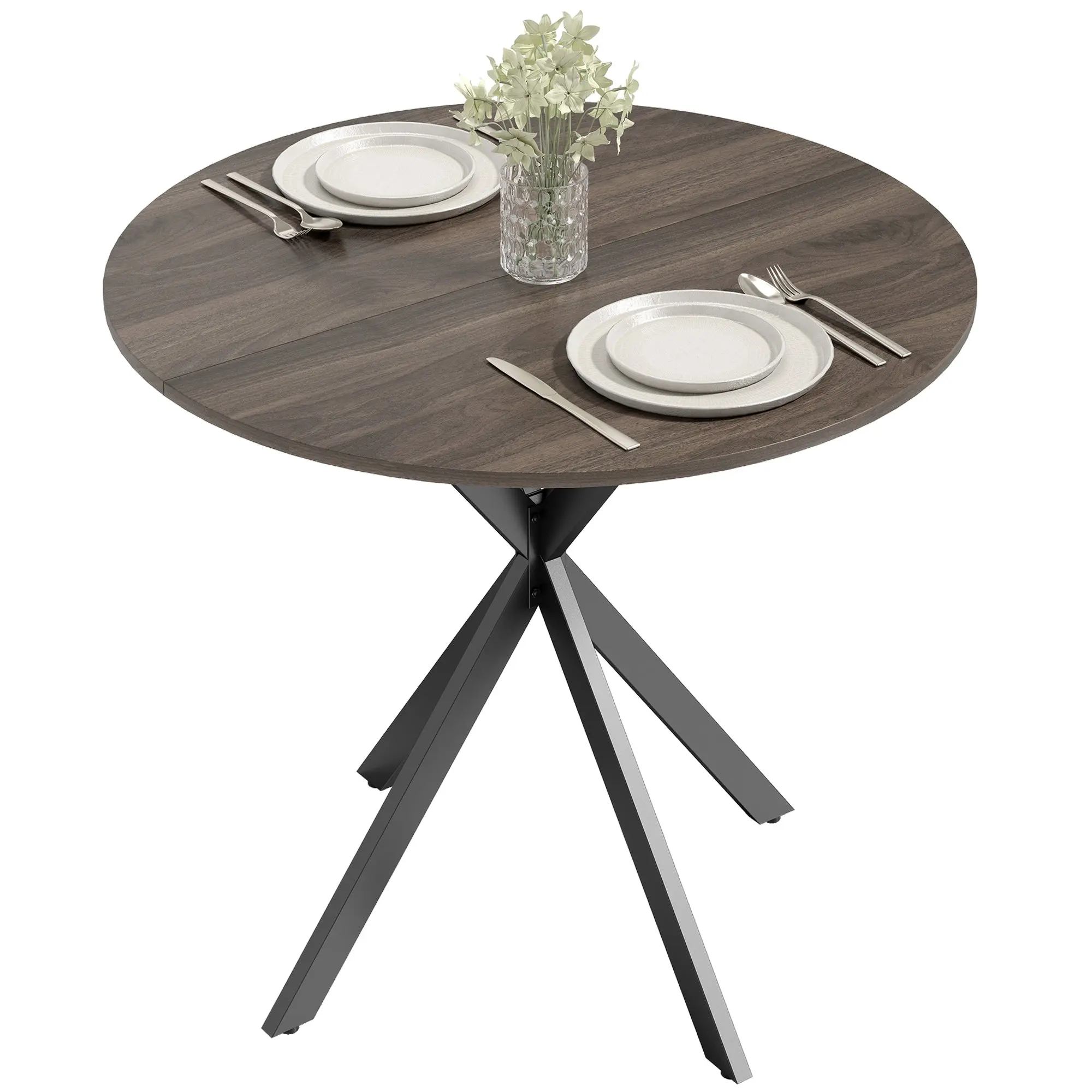 31.5" Round Dining Table, Industrial Kitchen Table with Cross Steel Legs for Dining Room, Distressed Dark Brown