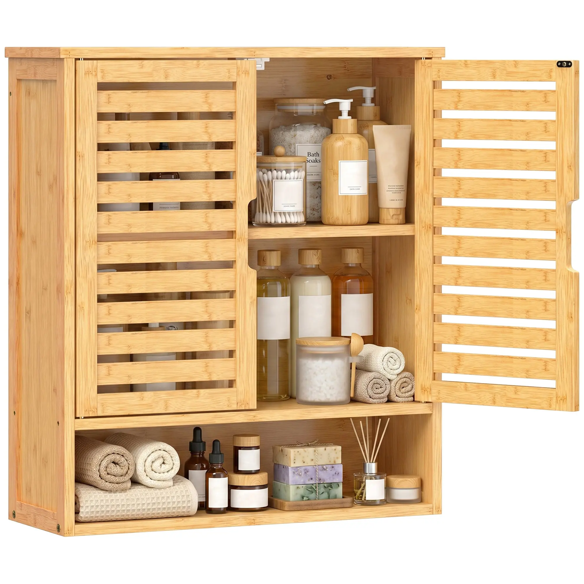 Wall-Mounted Bathroom Cabinet with 2 Louvered Doors, Open & Adjustable Shelf, Oak Finish
