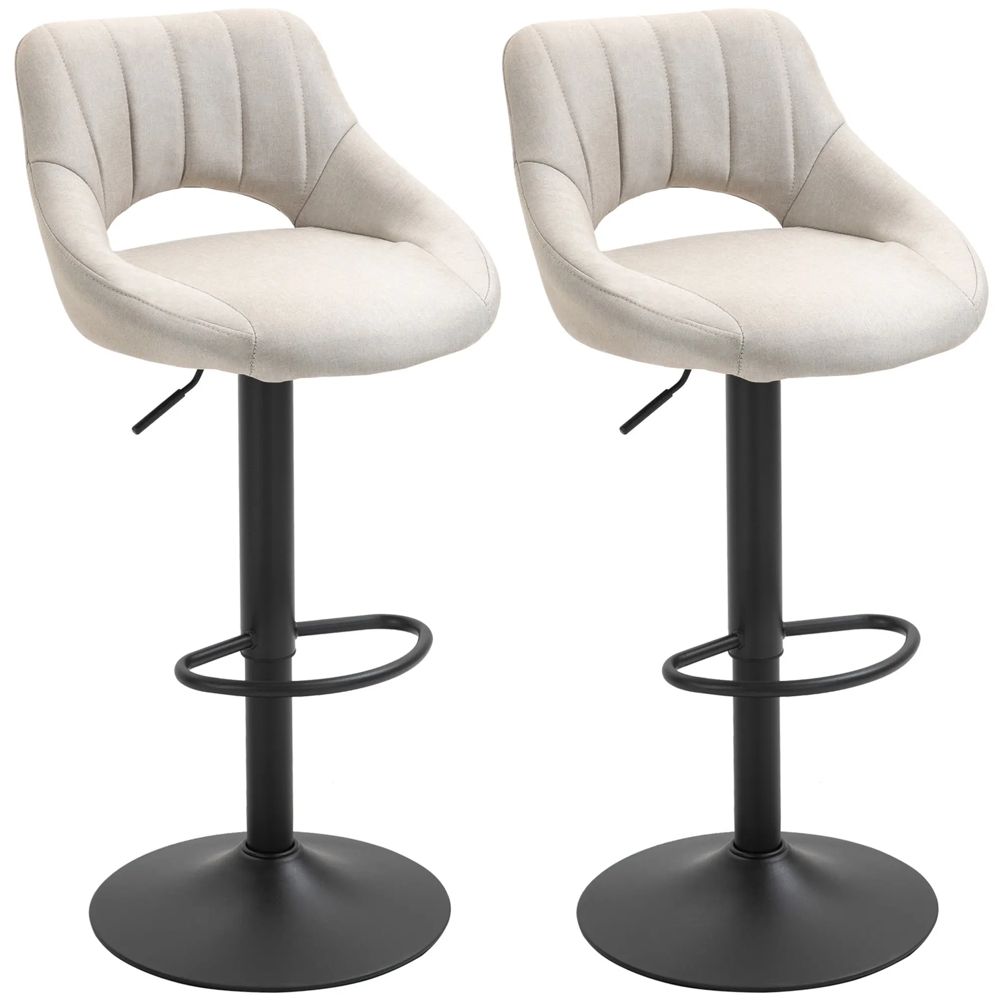 Set of 2 Adjustable Linen Swivel Bar Stools with Round Metal Base, Cream