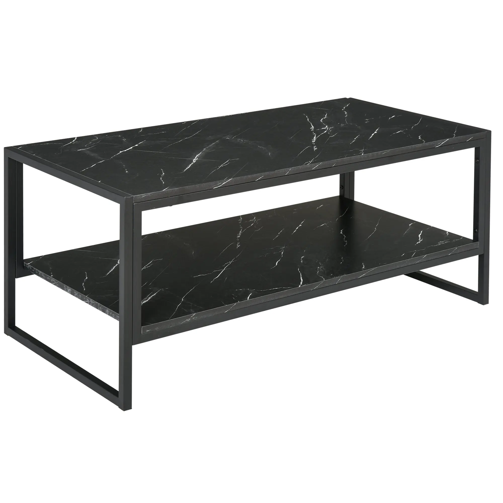 Two-Tier Marble Centre Table with Metal Frame and Storage Shelf for Living Room, Black