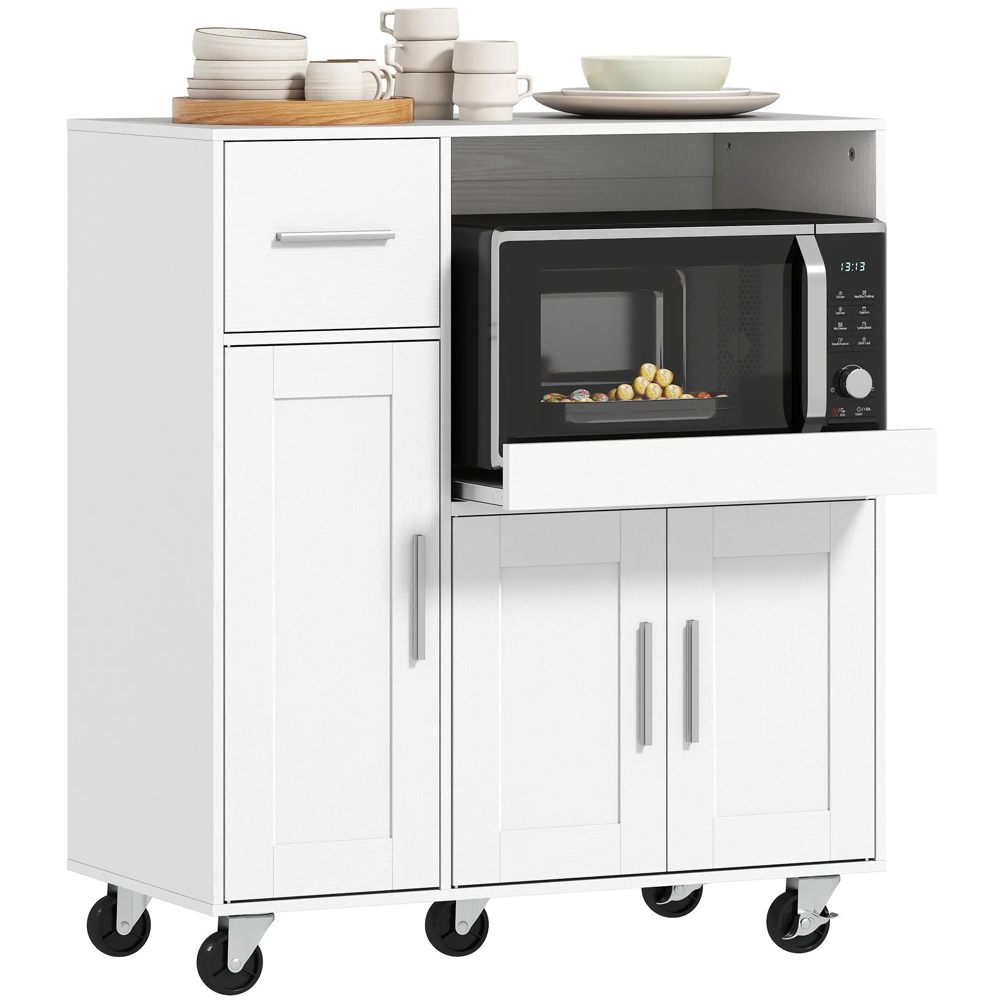 Rolling Microwave Kitchen Cart with Sliding Tray, Drawer & Adjustable Shelf