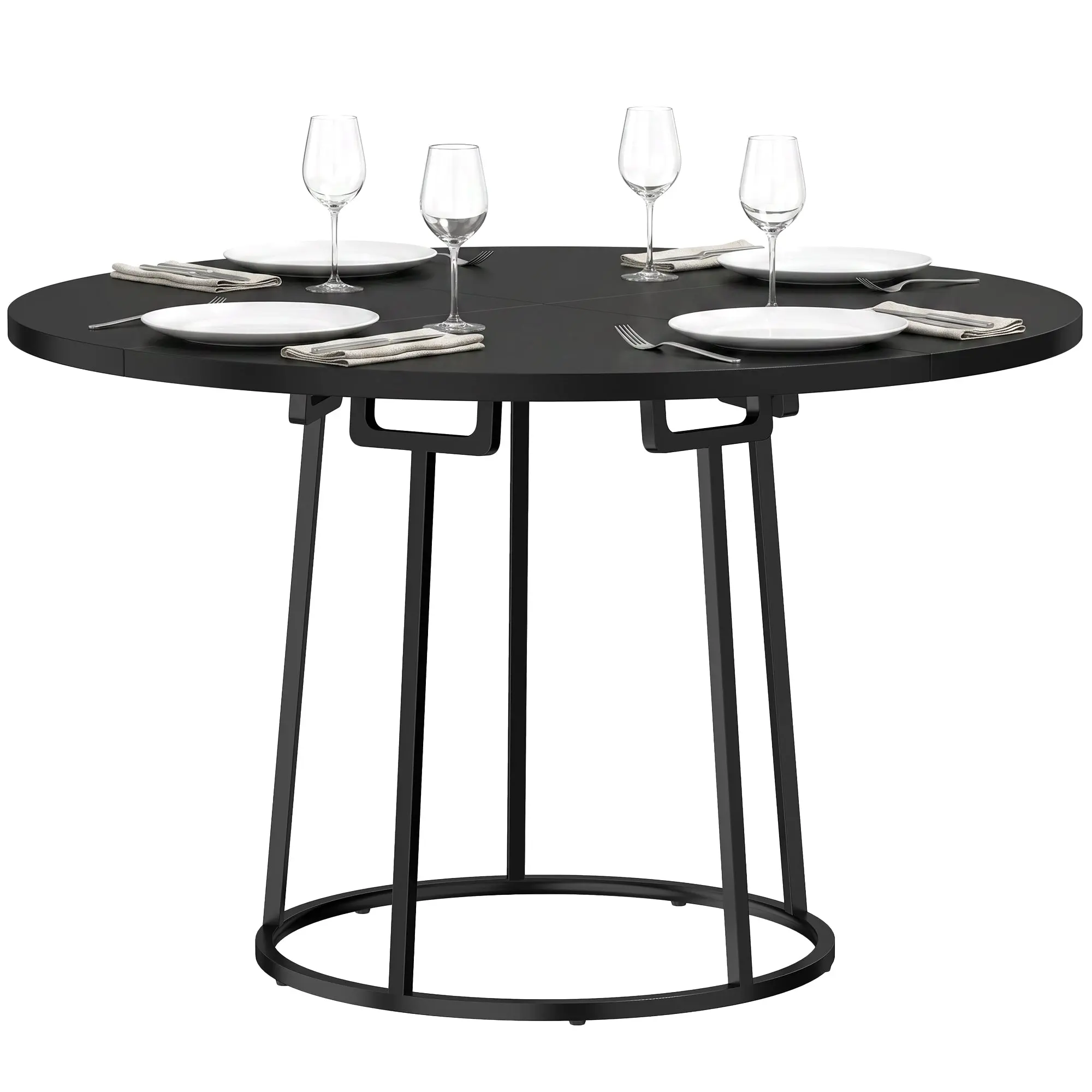 120 cm Round Dining Table for 4–6 People with Spliced Wood Top & Conical Metal Base, Black