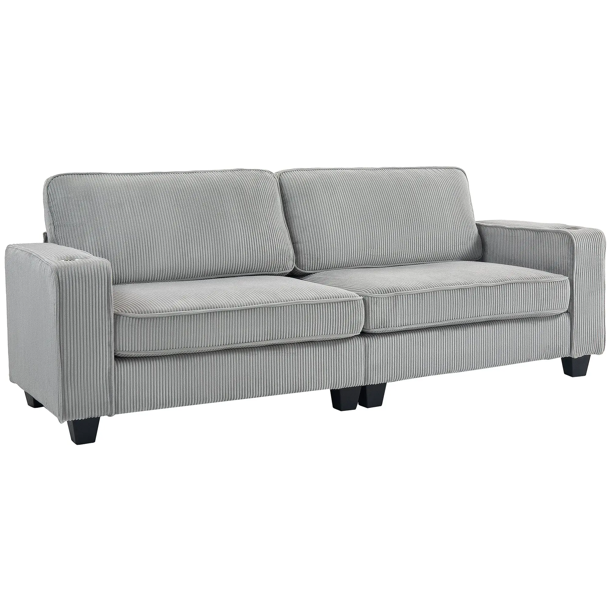 Modern 3-Seater 90" Corduroy Sofa with Spring Cushion & Cup Holders Light Grey