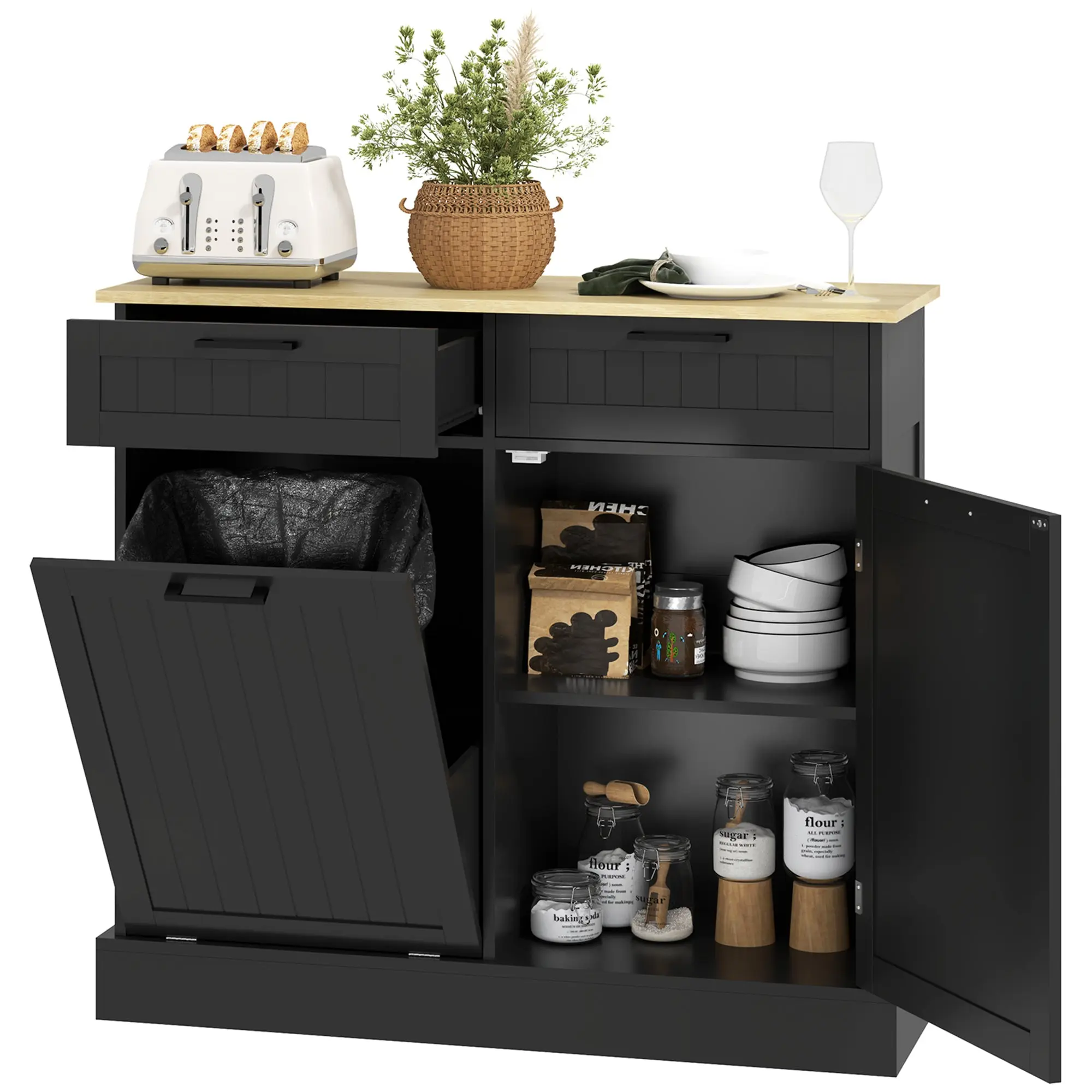 10 Gallon Tilt-Out Trash Cabinet with 2 Drawers Hidden Bin Kitchen Hallway Black
