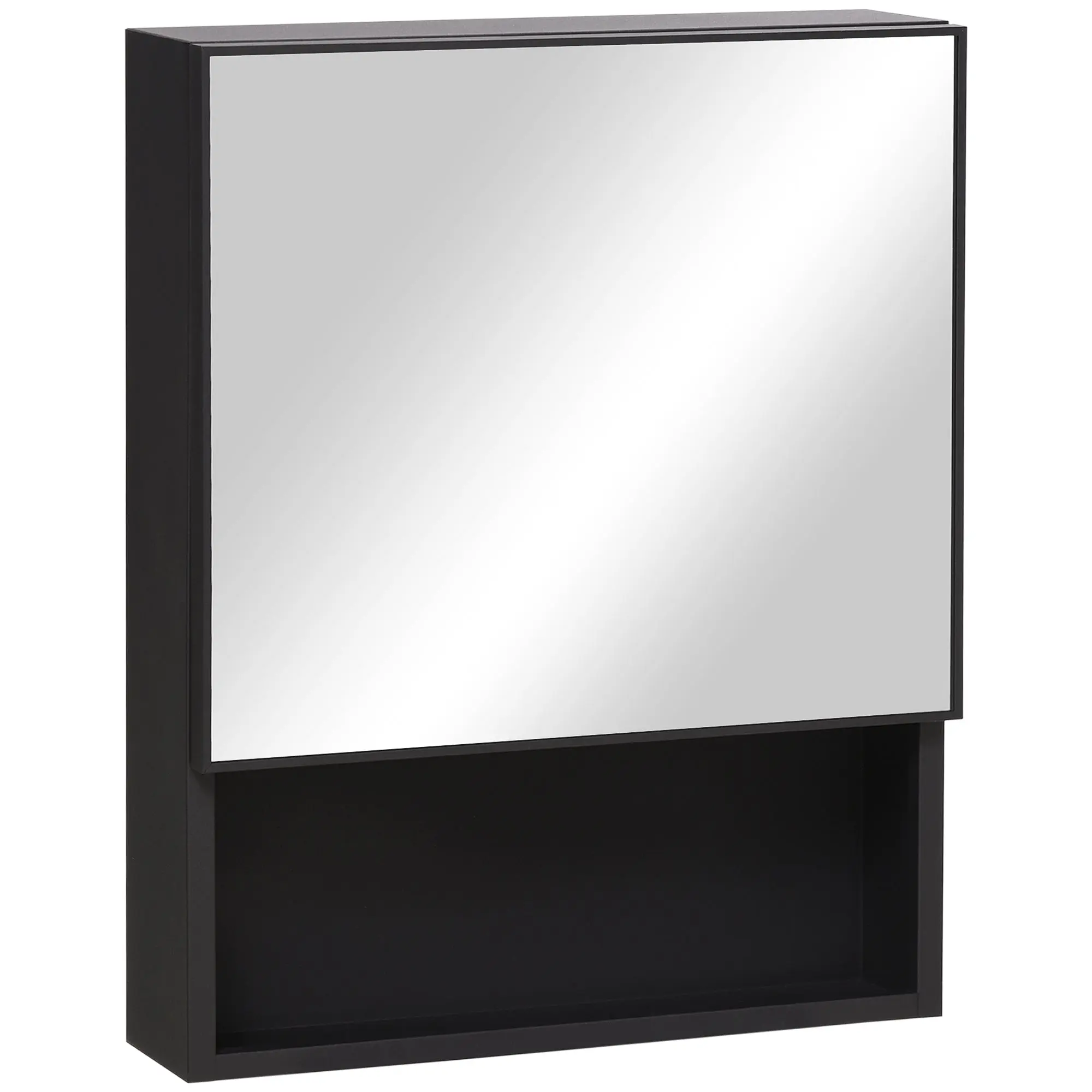 Bathroom Mirrored Medicine Cabinet, Wall-Mounted Cabinet with Open Shelves, Black