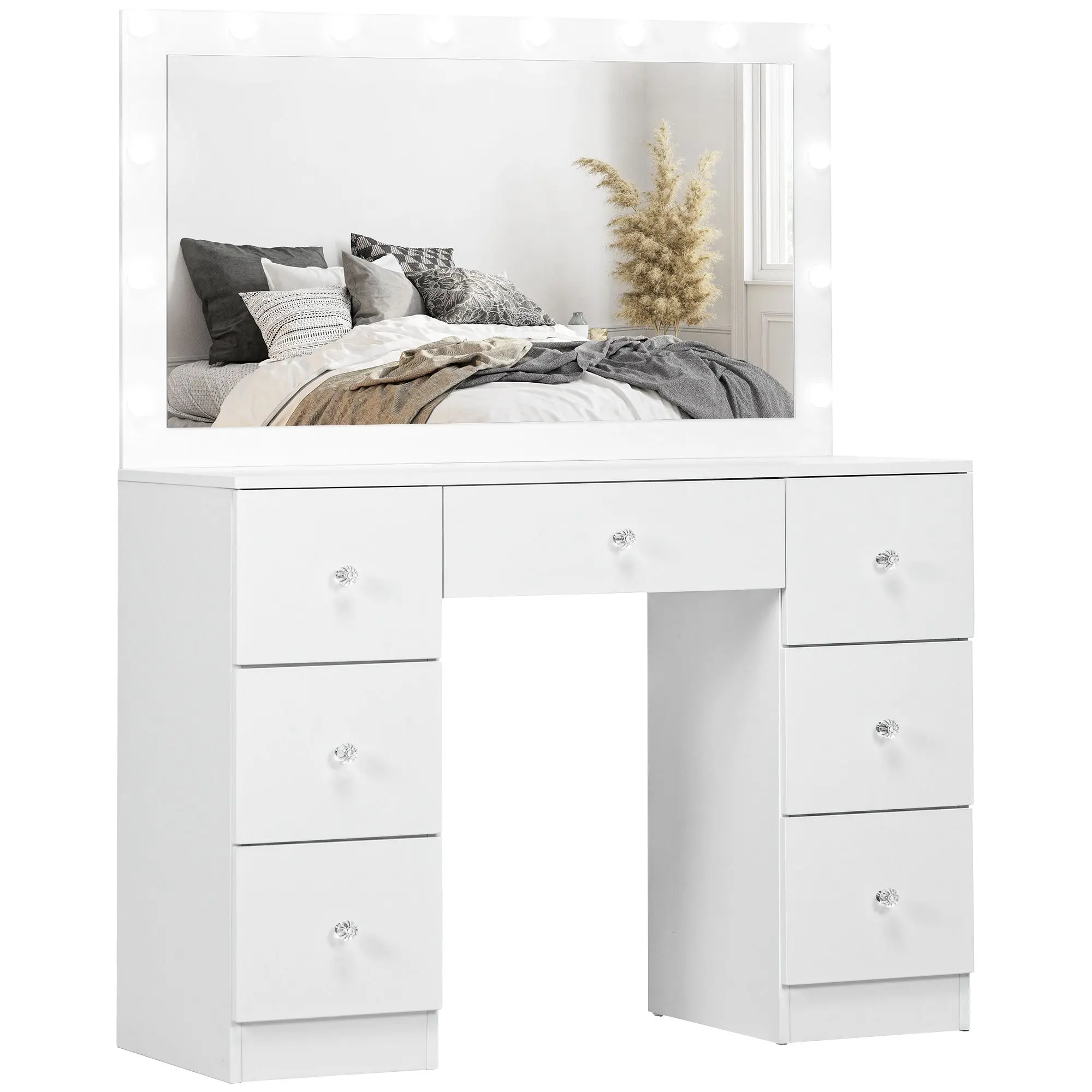 Vanity Table with Mirror, Makeup Vanity Desk with 7 Drawers & 10 LED Lights, White