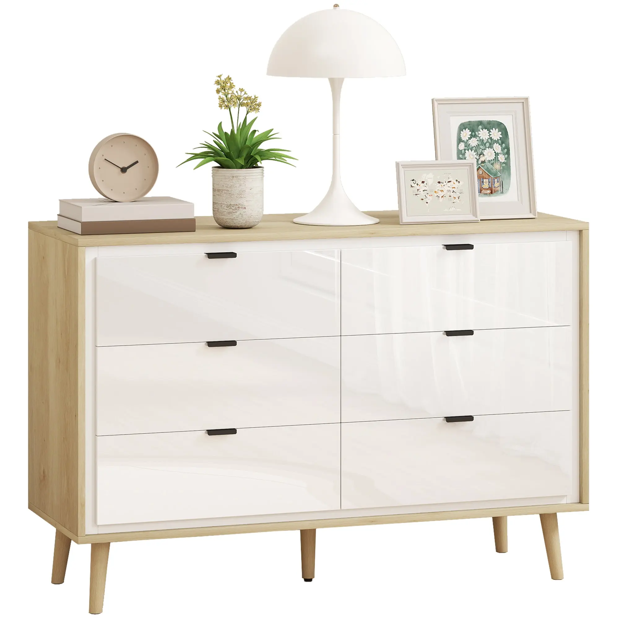 6-Drawer Chest of Drawers with 5 Legs for Bedroom & Living Room High Gloss White