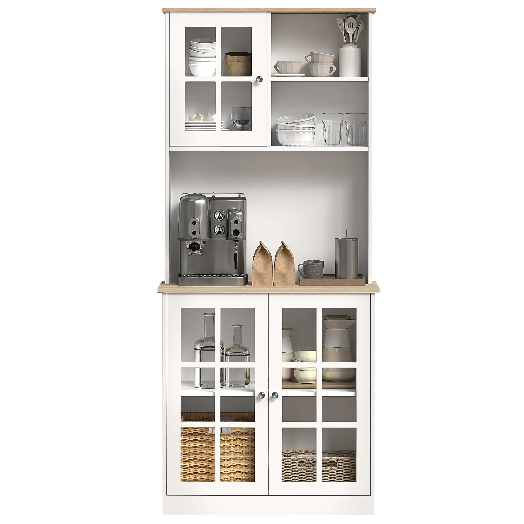 Buffet cuisine, meuble cuisine rangement haut, meuble de rangement avec plan de travail, 3 portes vitrées, 2 niches et étagères réglables, 80 x 37 x 183 cm, blanc chêne