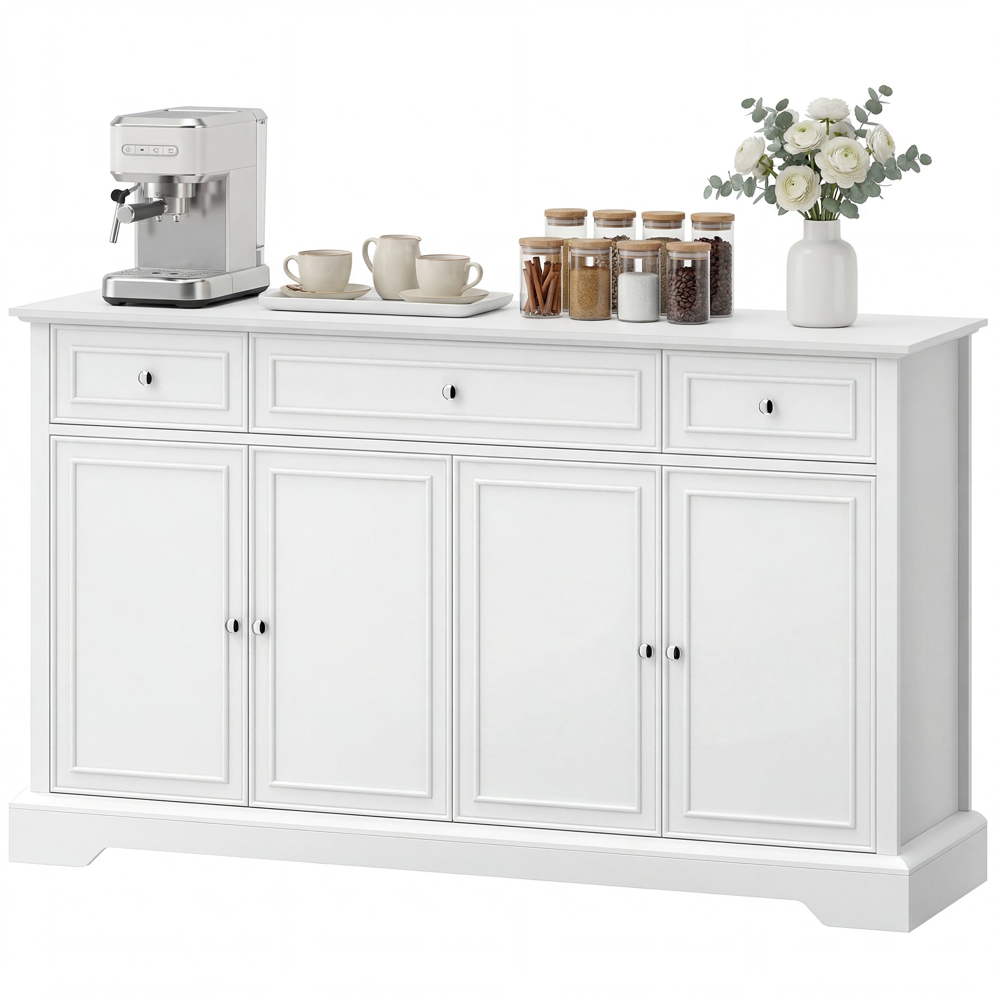 Buffet salon, meuble de rangement avec 3 tiroirs, 4 portes à fermeture douce et étagères réglables, style moderne, meuble TV jusqu'à 55", buffet salle à manger et cuisine, 136x38x80cm, blanc