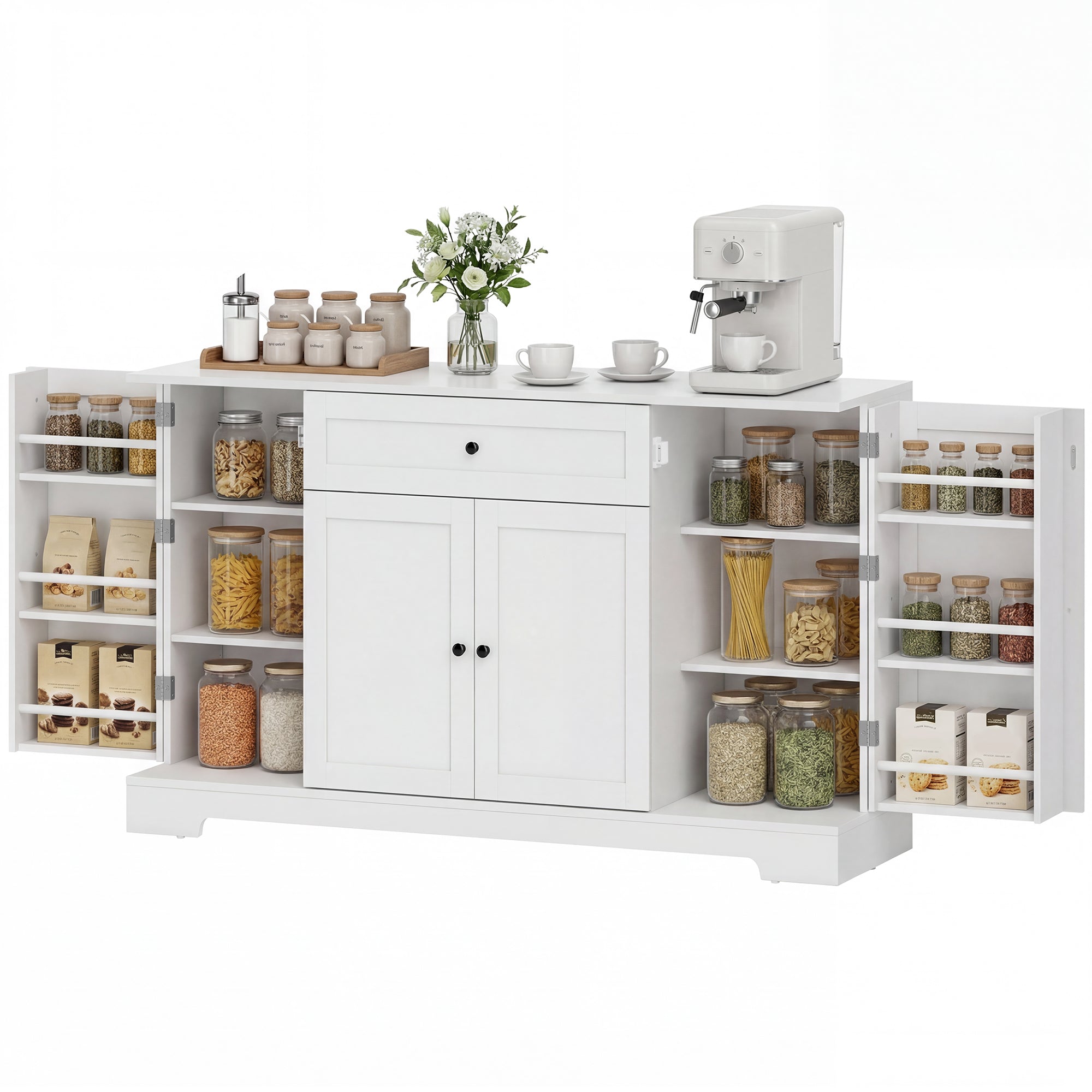 Buffet Cuisine, Meuble de Rangement avec Tiroir, 4 Portes à Fermeture Douce, Racks-Porte et étagères Réglables, Meuble TV Jusqu'à 65 Pouces, pour Salon et Salle à Manger, 140x40x80cm, Blanc