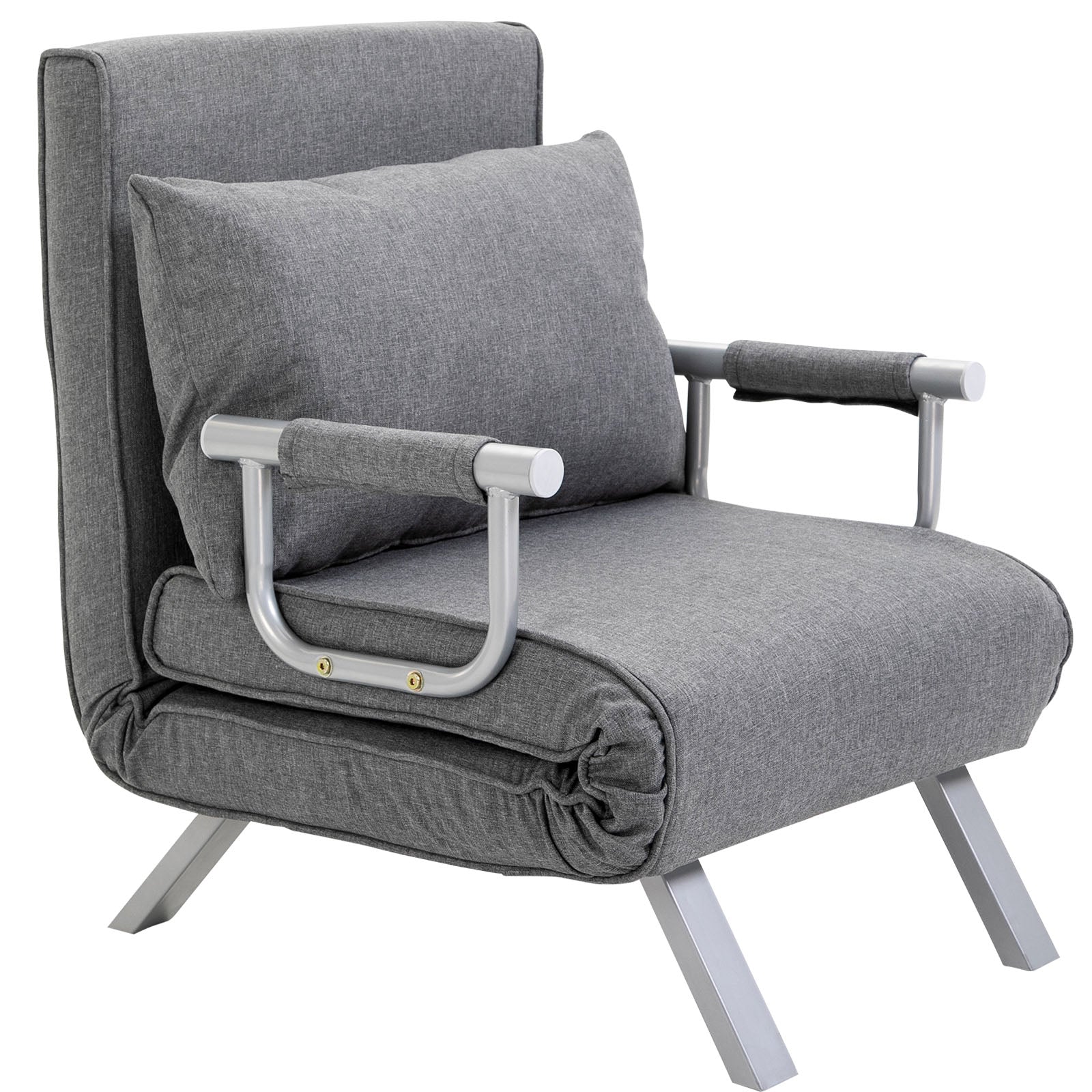Fauteuil chauffeuse canapé-lit Convertible 1 Place déhoussable Grand Confort Coussin Pieds accoudoirs métal Lin Gris Clair