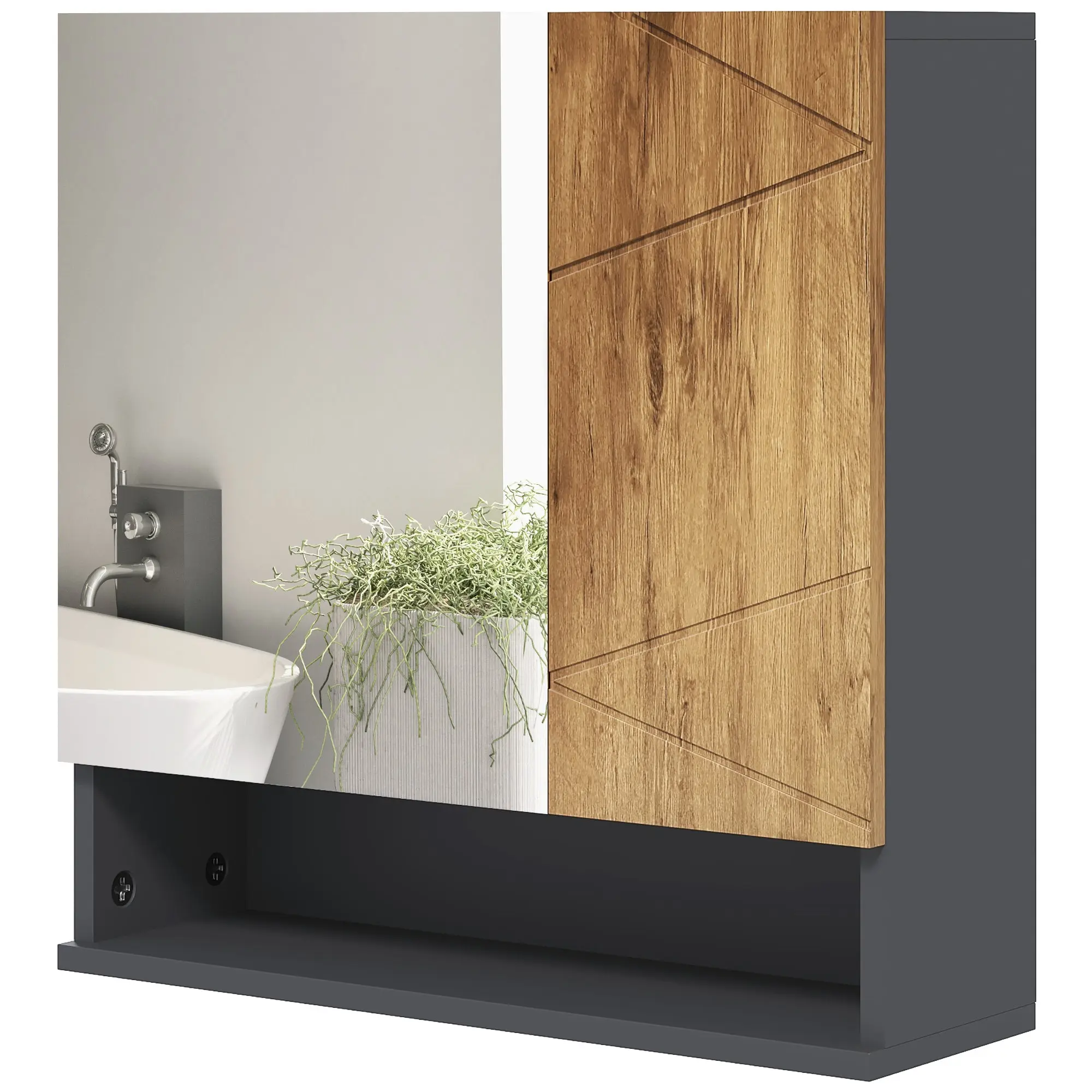 Armoire murale miroir de salle de bain placard de rangement 2 portes avec étagères réglables design contemporain 55 x 17 x 55 cm naturel gris foncé