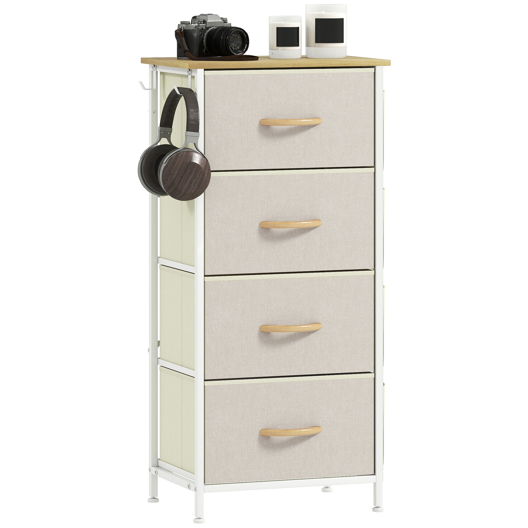 Commode 4 tiroirs en tissu, meuble de rangement avec 4 poches, 2 crochets, structure en acier, chiffonnier pour salon, chambre, entrée, beige