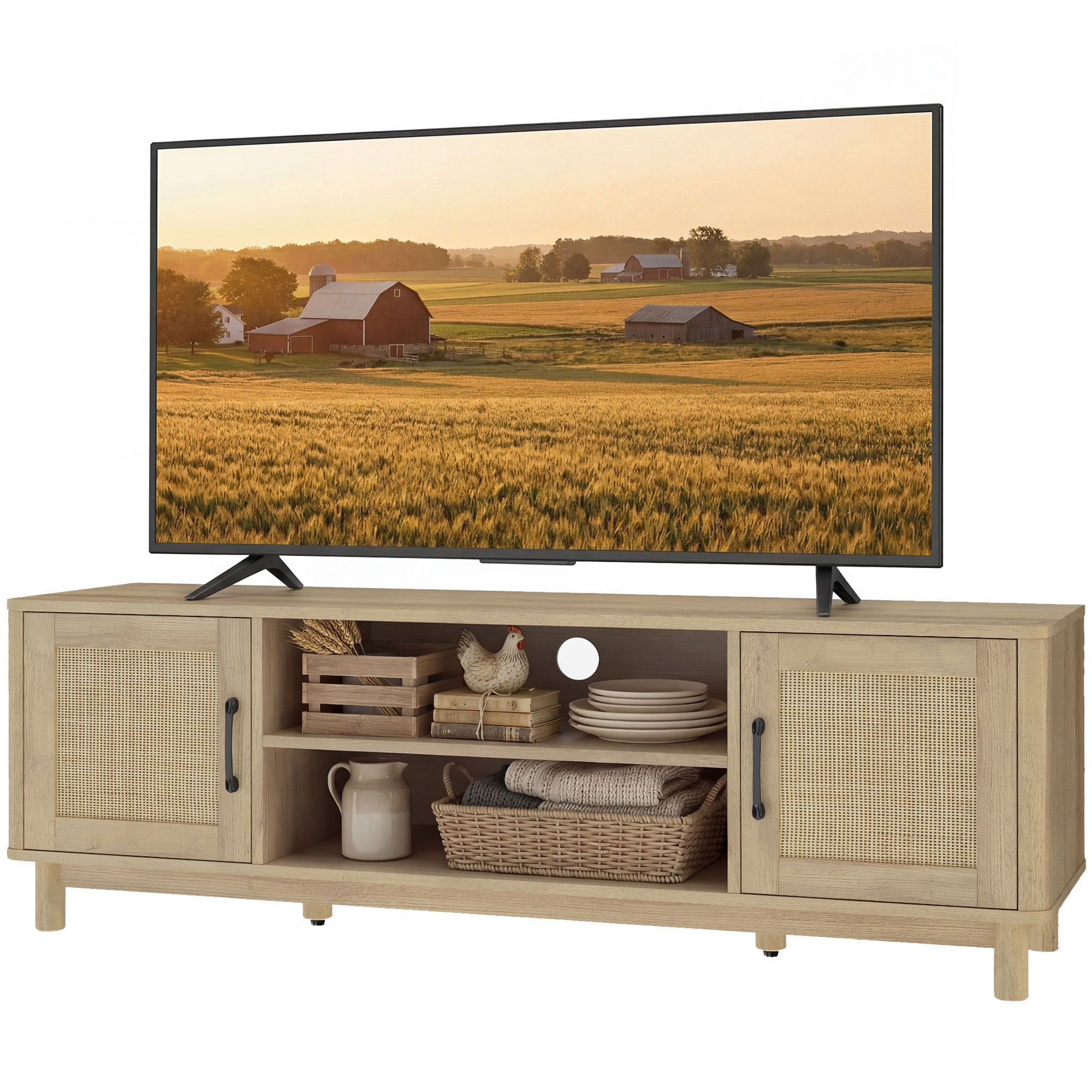 Meuble TV 135 cm, meuble télé pour téléviseur jusqu'à 65 pouces avec 2 portes en rotin, 2 compartiments ouverts, style bohème, 6 pieds en bois de pin, banc TV pour salon, chambre, chêne