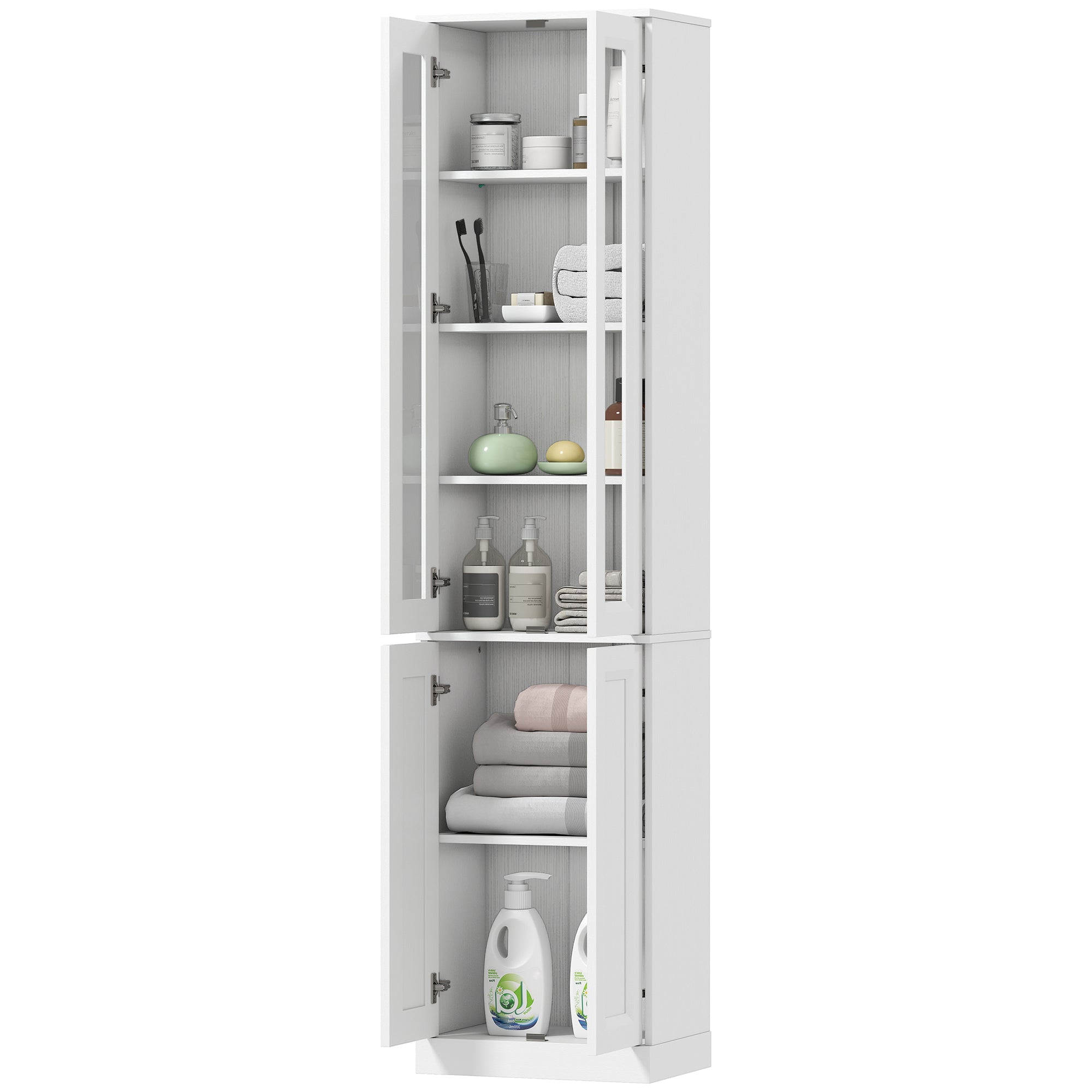Meuble de Salle de Bain 6 niveaux, Meuble de Rangement, Colonne Salle de Bain, 4 Portes à Fermeture Douce dont 2 Acrylique, Étagères Réglables, pour Salon, Chambre, Buanderie, 38x26x160cm Blanc