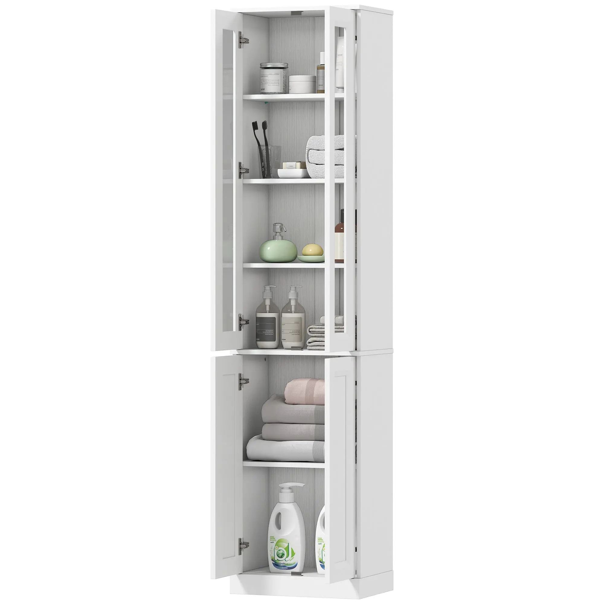 Meuble de Salle de Bain 6 niveaux, Meuble de Rangement, Colonne Salle de Bain, 4 Portes à Fermeture Douce dont 2 Acrylique, Étagères Réglables, pour Salon, Chambre, Buanderie, 38x26x160cm Blanc