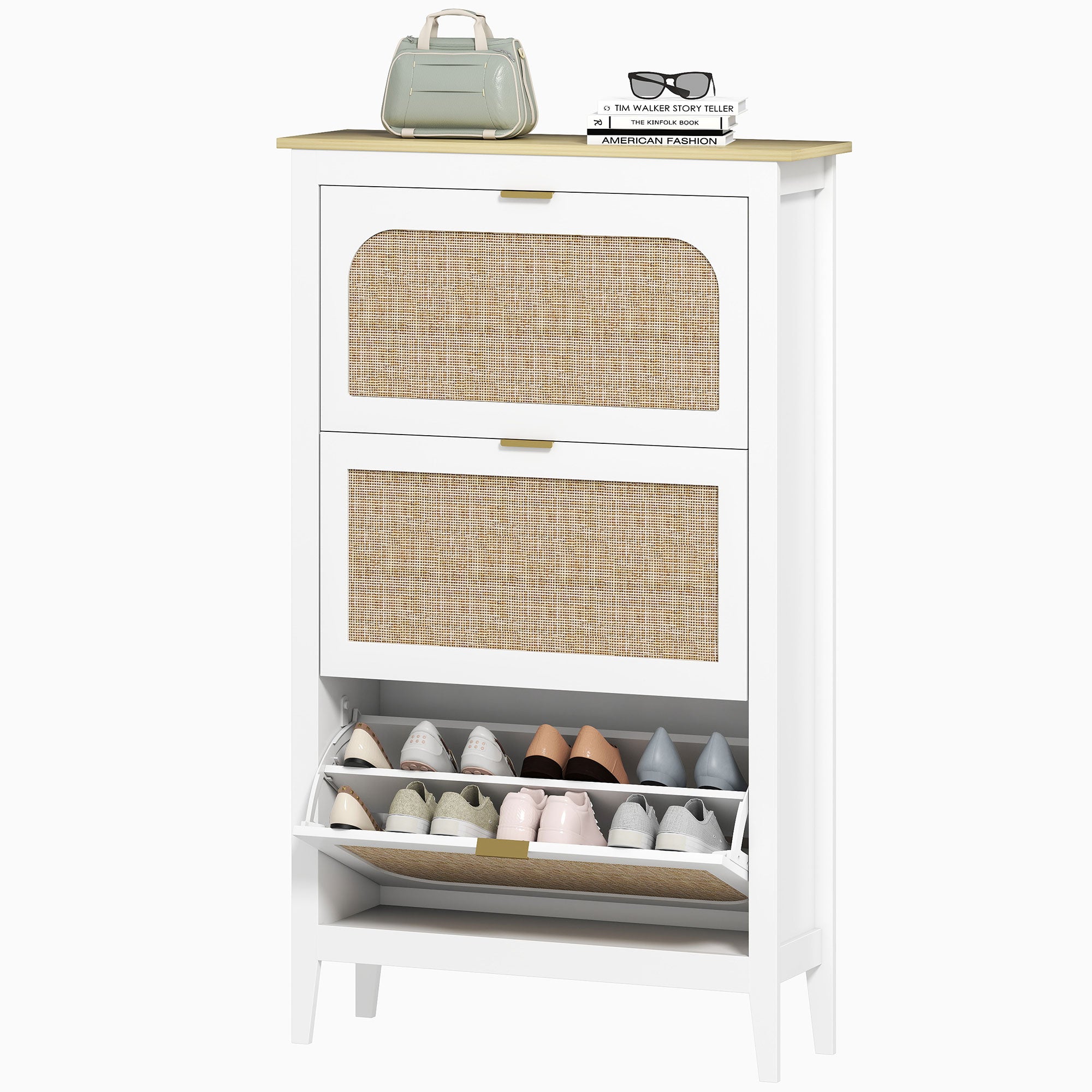 Meuble à chaussures 21 paires, armoire à chaussures étroite bohème avec 3 tiroirs rabattables, portes effet cannage rotin et étagères réglables, pour couloir et entrée, 80x24x131cm, blanc